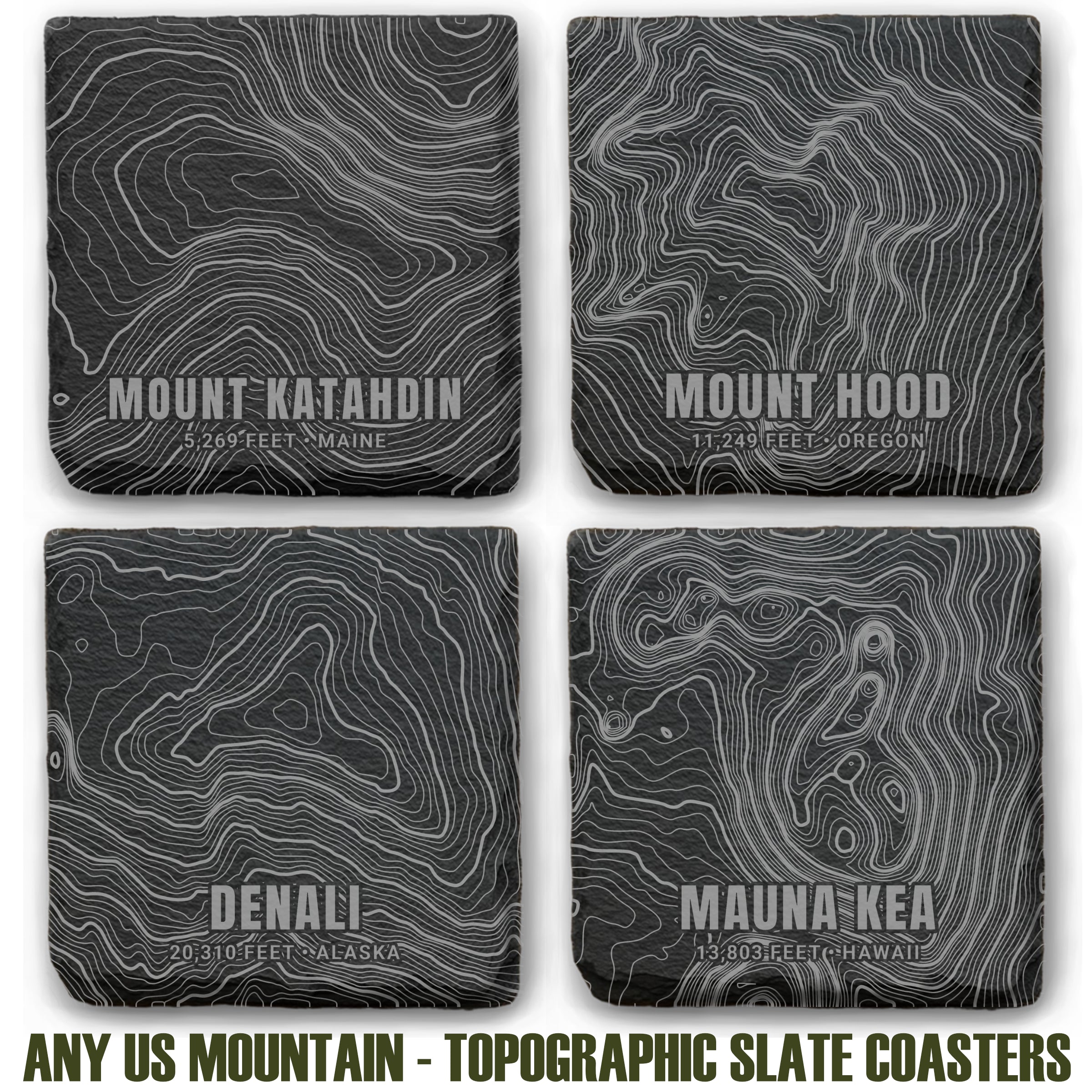Custom Topographic Slate Coaster Set - Any 4 U.S. Mountains