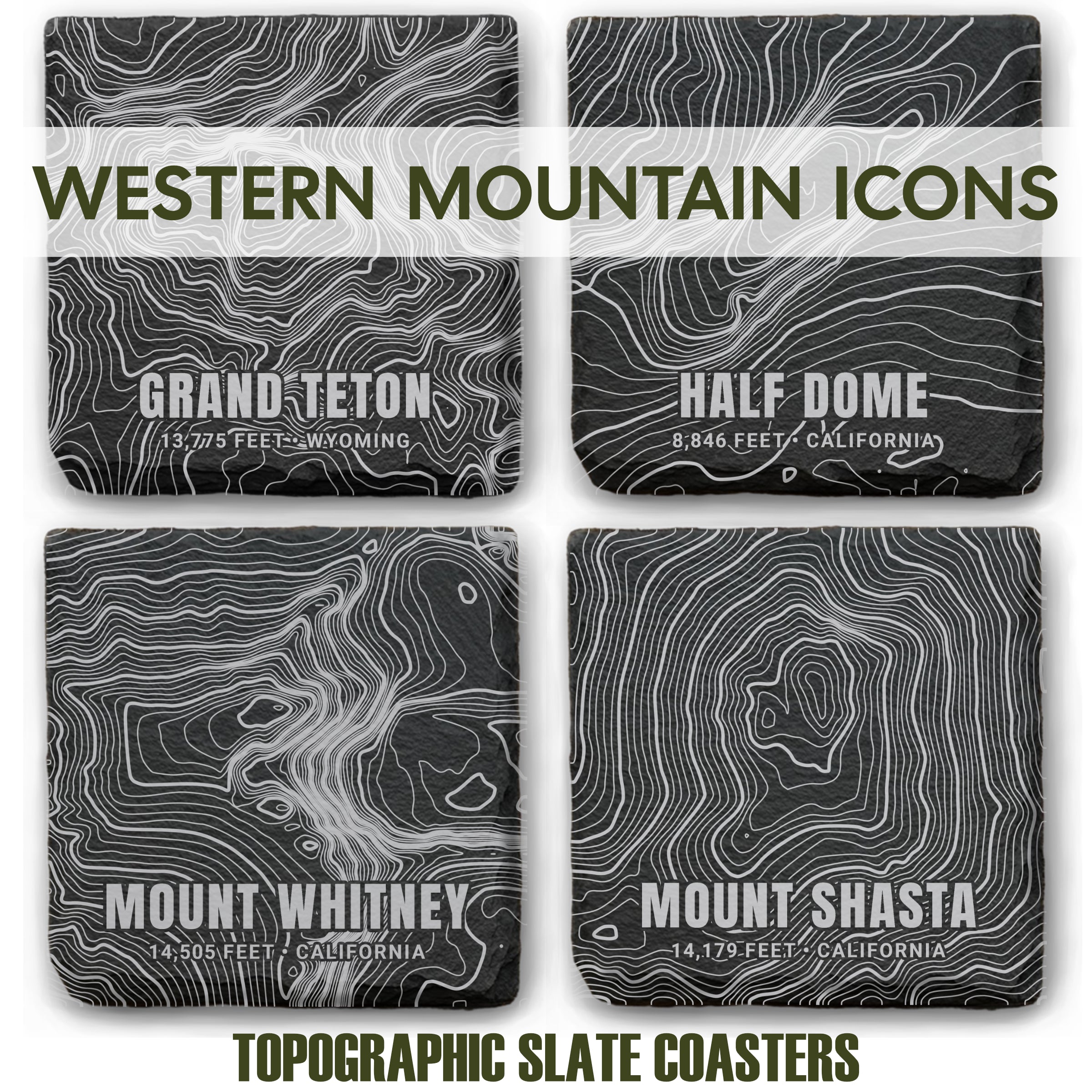 Western Mountain Icons Topographic Slate Coaster Set