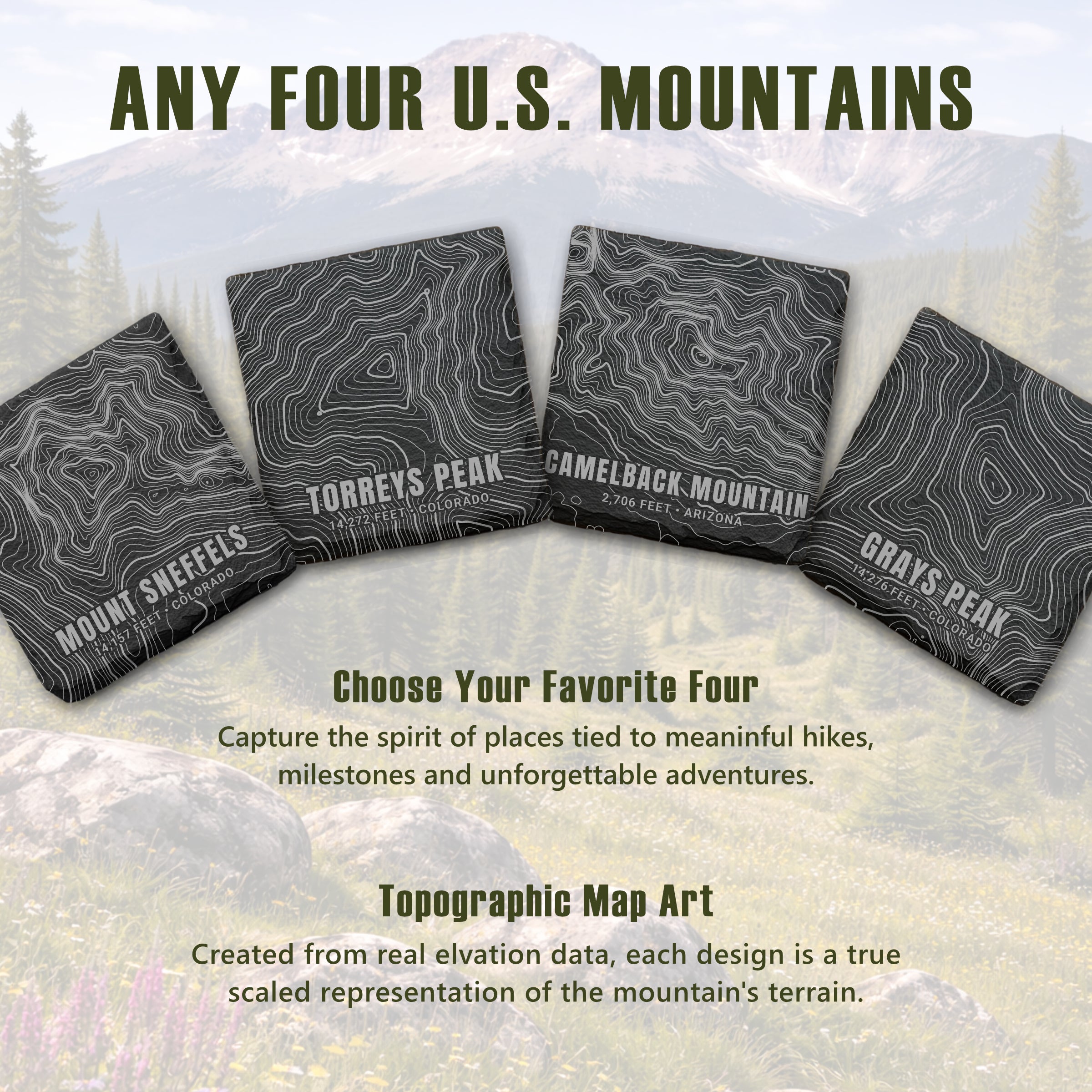 Custom Topographic Slate Coaster Set - Any 4 U.S. Mountains