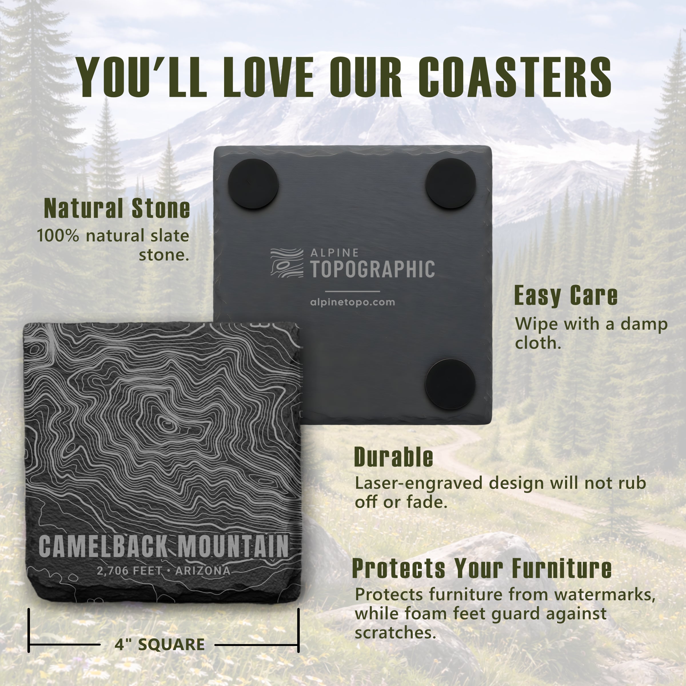 Custom Topographic Slate Coaster Set - Any 4 U.S. Mountains