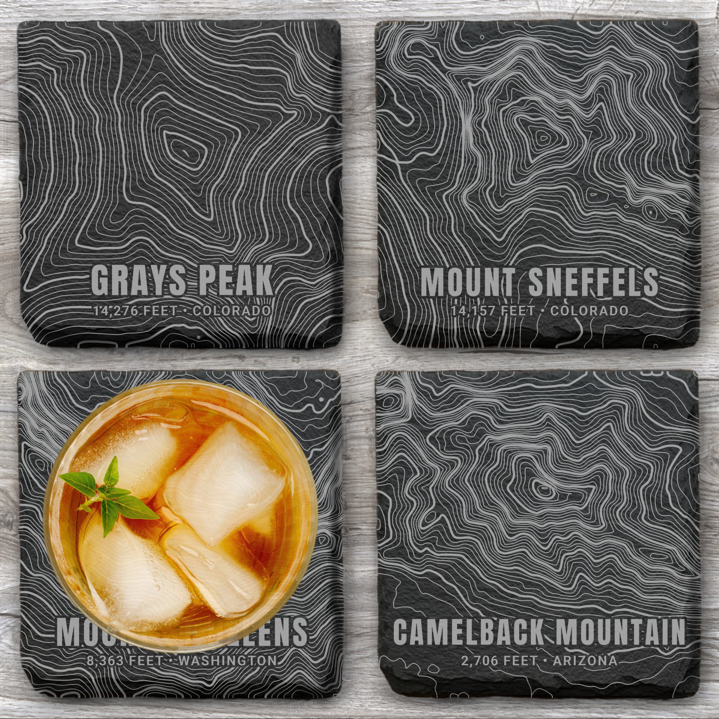 Custom Topographic Slate Coaster Set - Any 4 U.S. Mountains