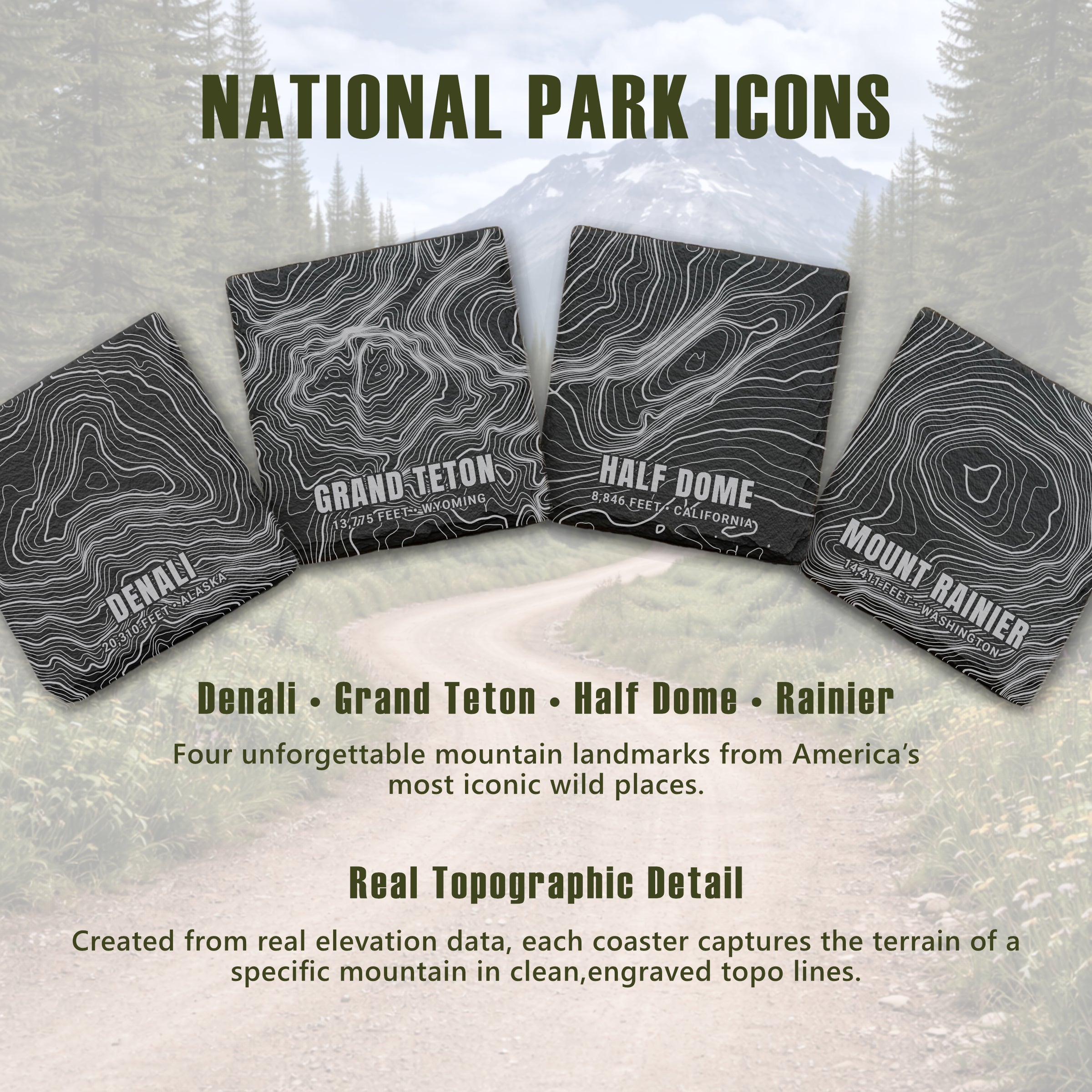 National Park Icons Topographic Slate Coaster Set
