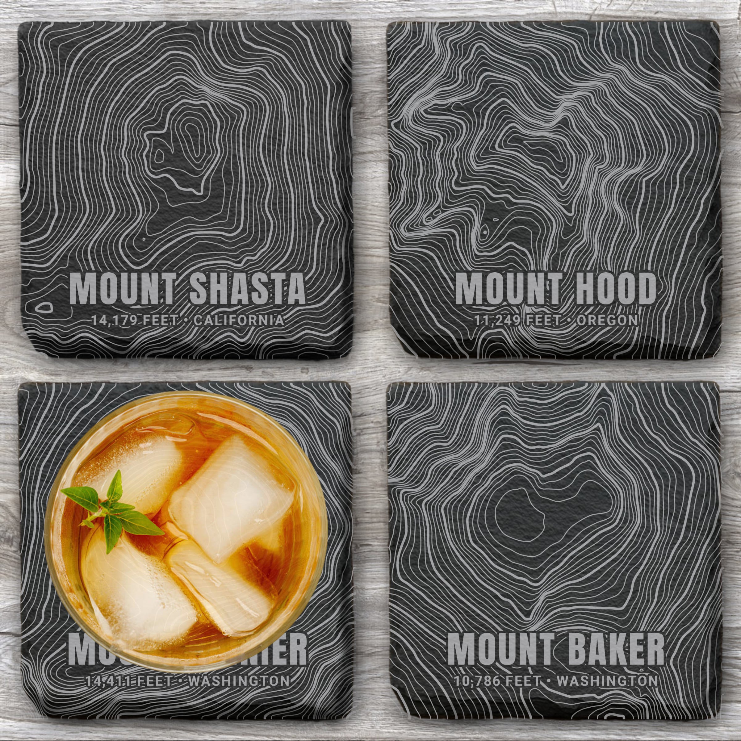 Cascade Volcanoes Topographic Slate Coaster Set
