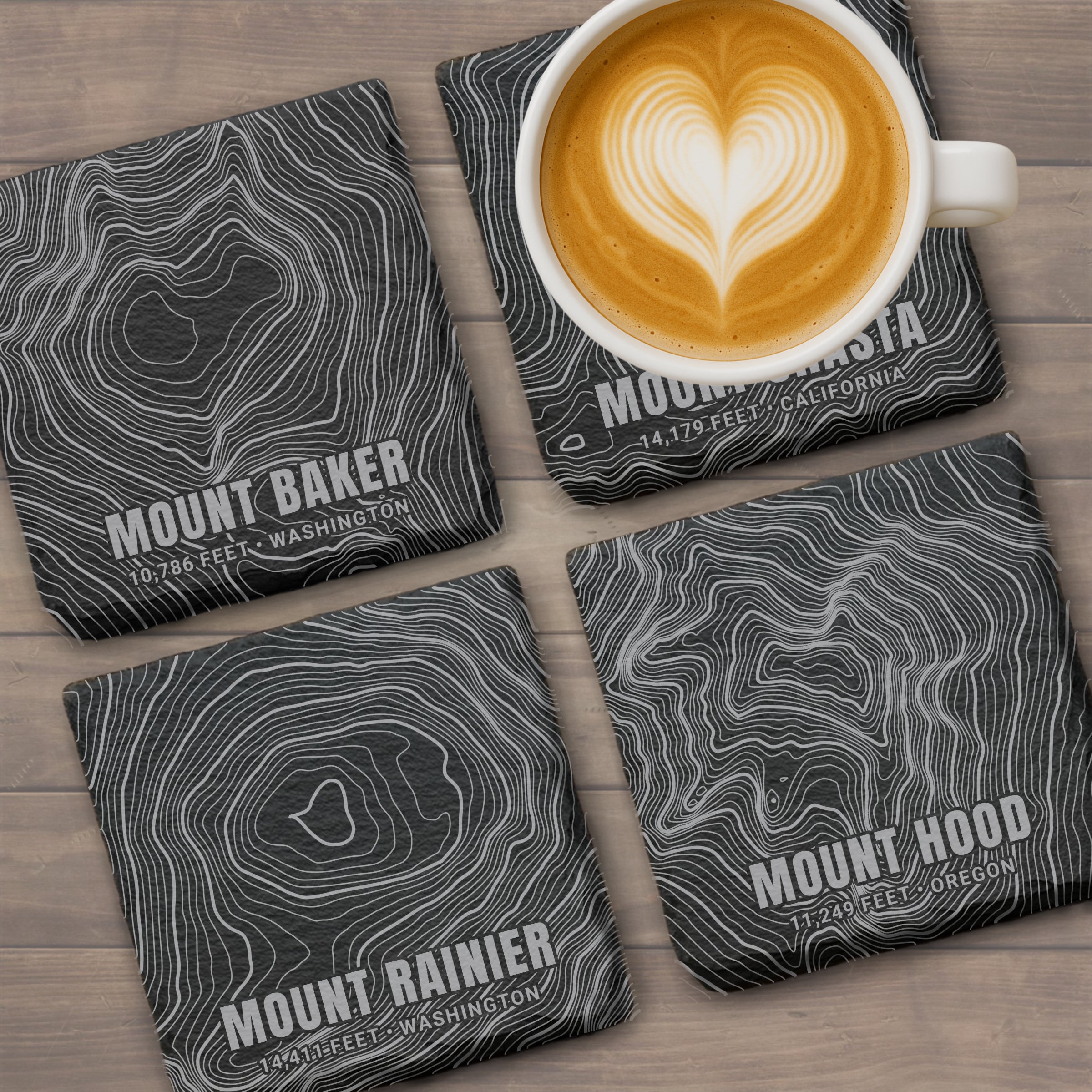 Cascade Volcanoes Topographic Slate Coaster Set