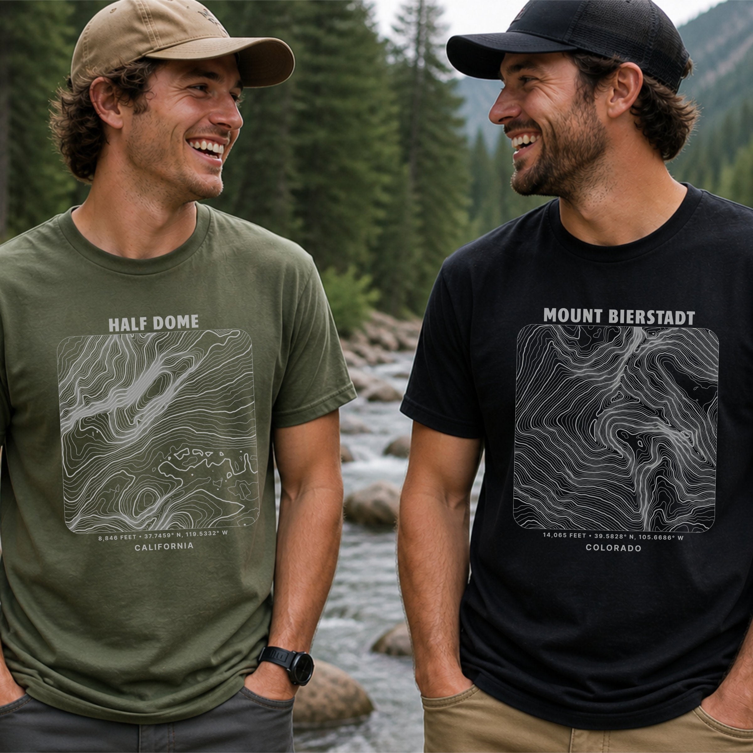 Two men outdoors wearing green and black t-shirts with line graphics