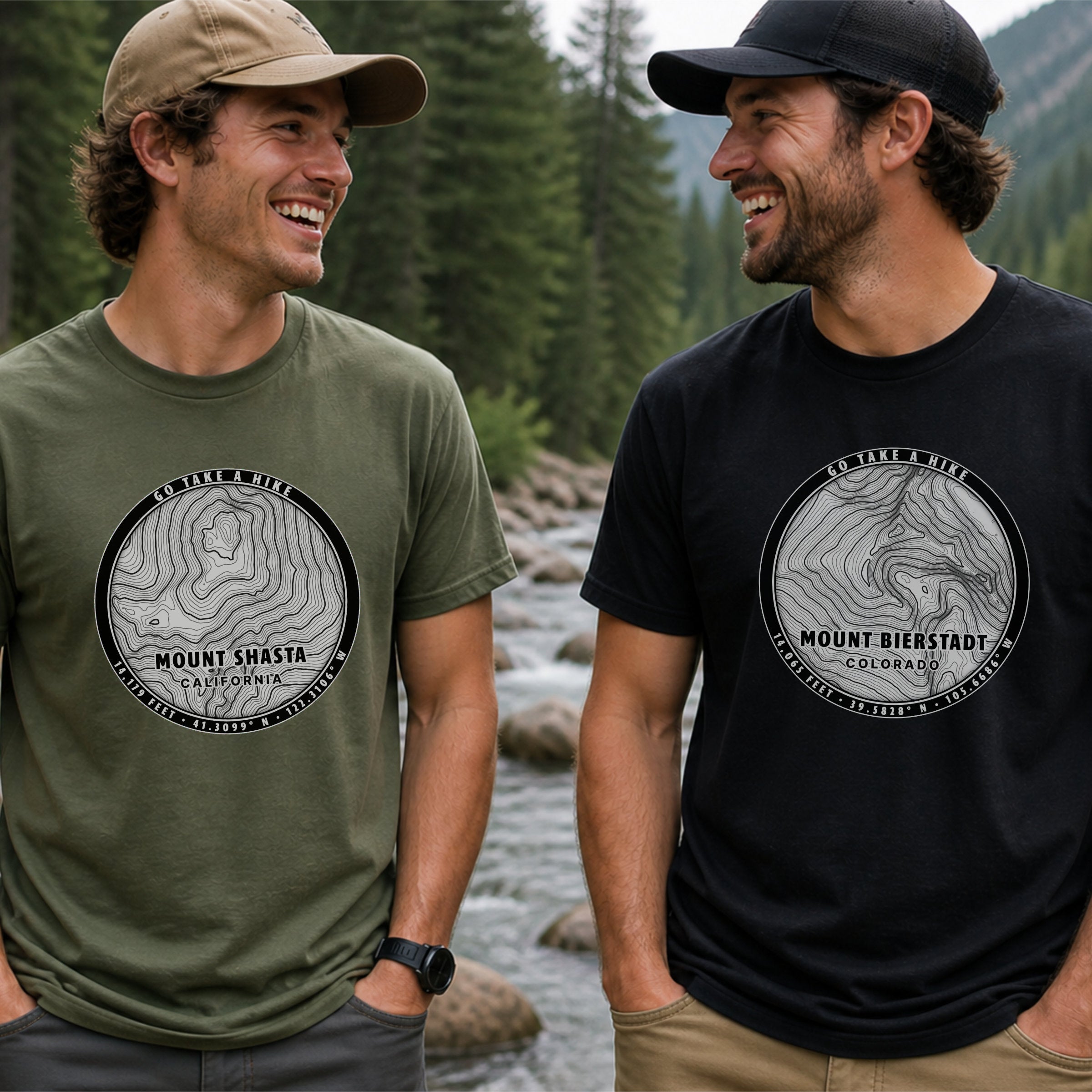 Two men outdoors wearing green and black t-shirts with circular designs