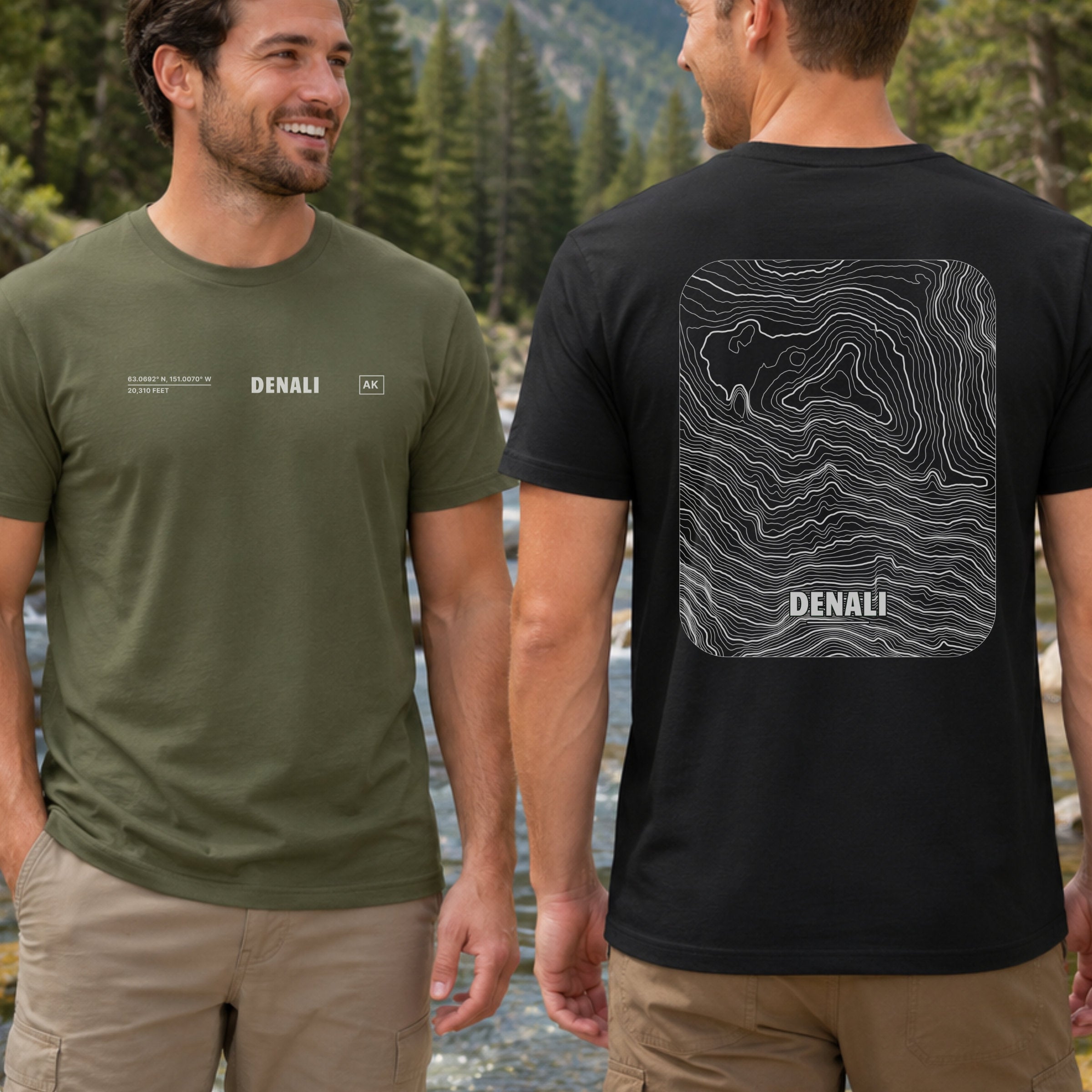 Two men outdoors wearing green and black custom mountain map t-shirts