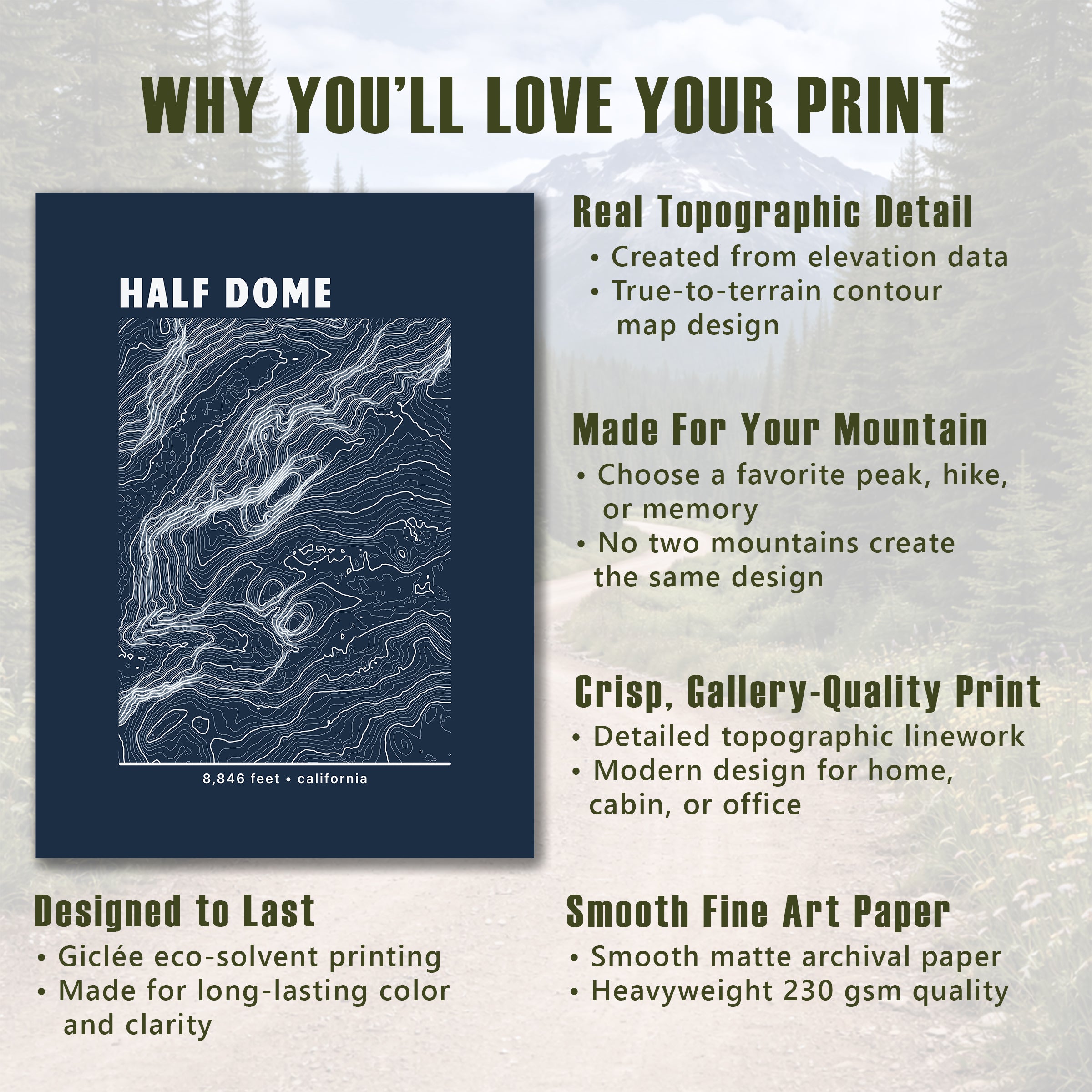 Custom Mountain Summit Topographic Print - Any U.S. Mountain