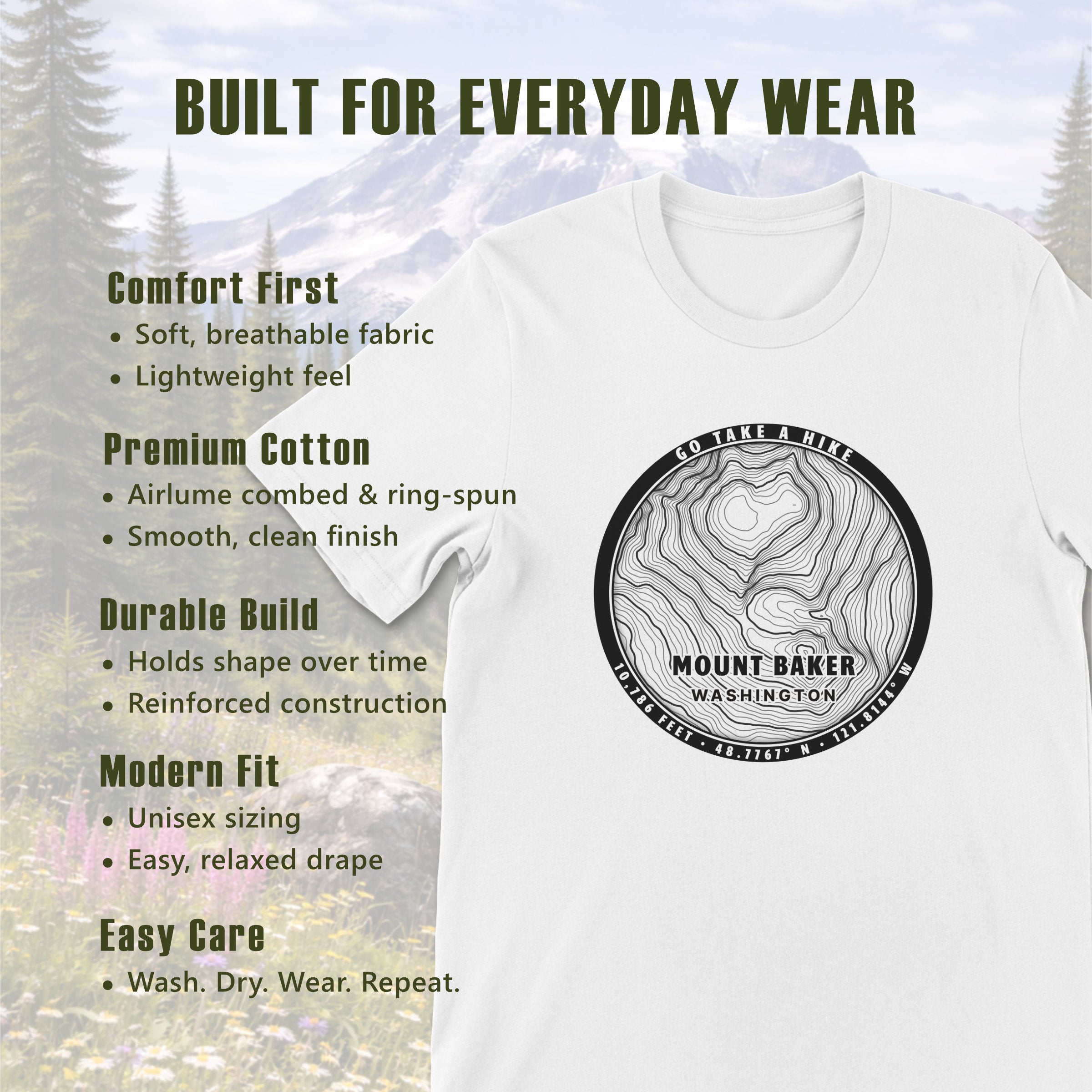 Informational graphic listing fabric features beside shirt with round print