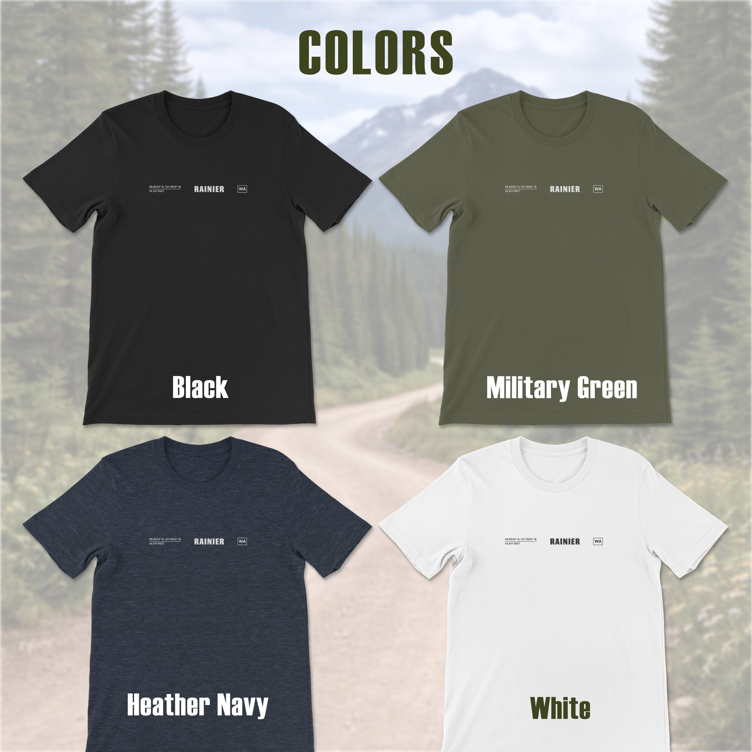 Four t-shirt color options shown in black, green, navy, and white