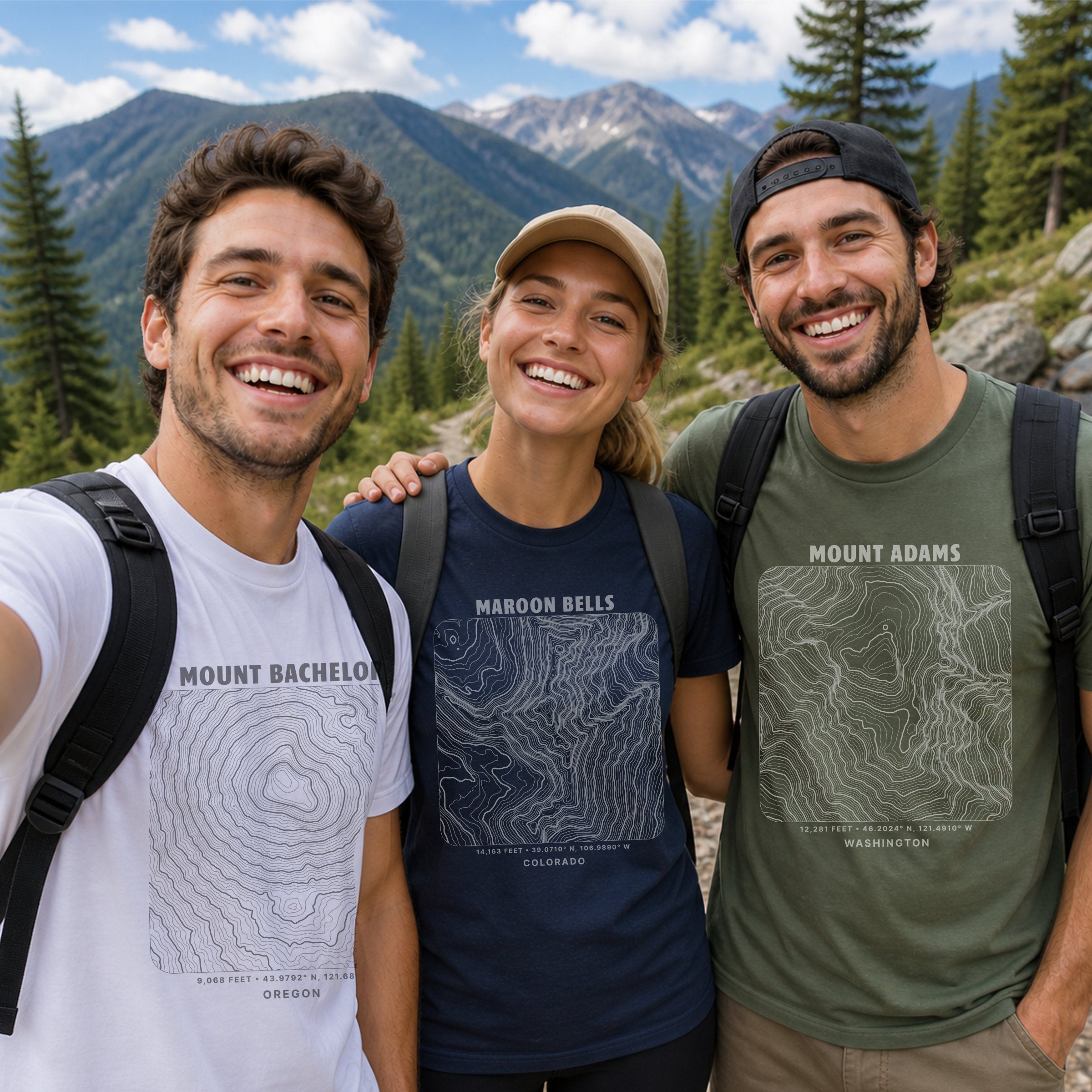 Three people outdoors wearing different colored graphic t-shirts