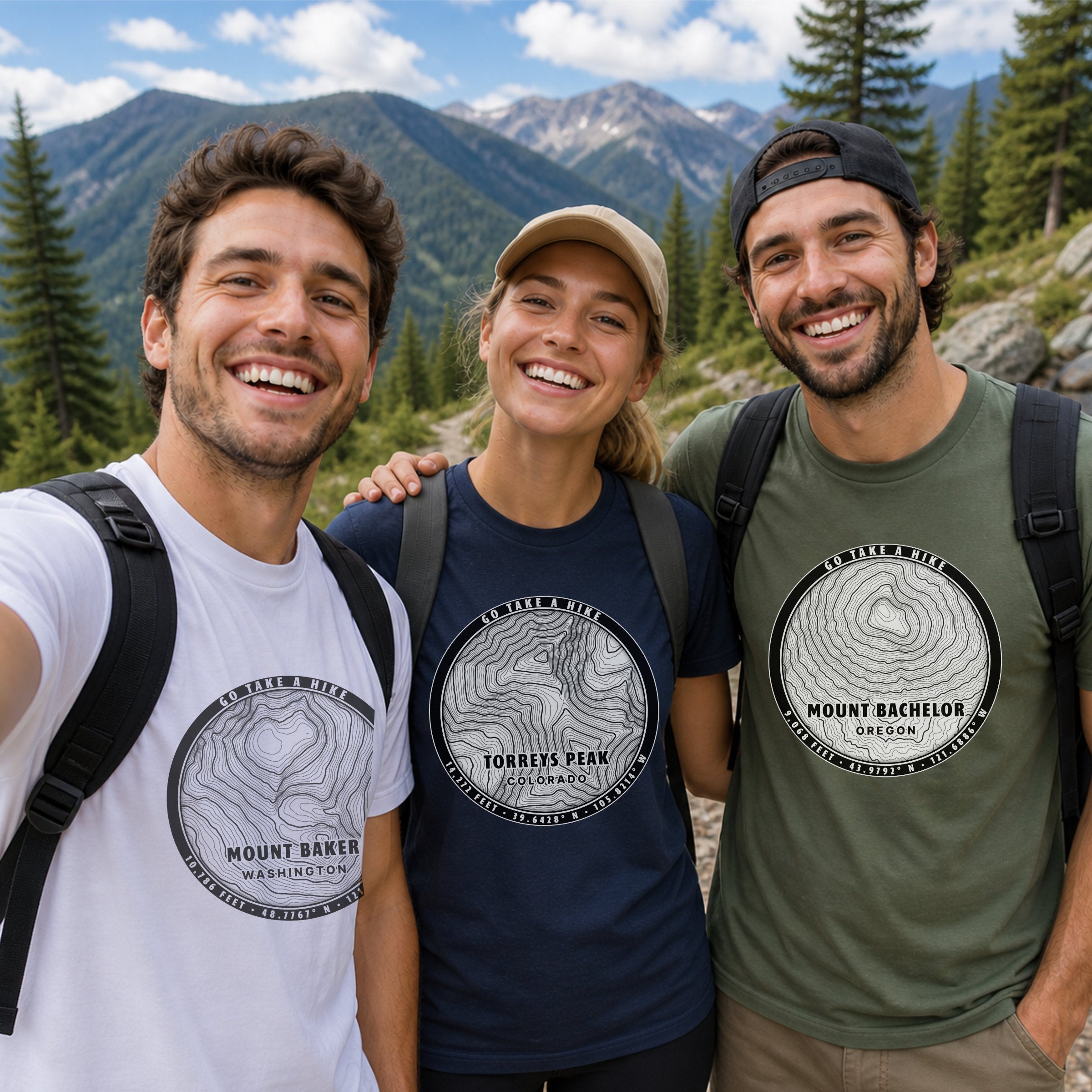 Three people outdoors wearing shirts with circular line graphics