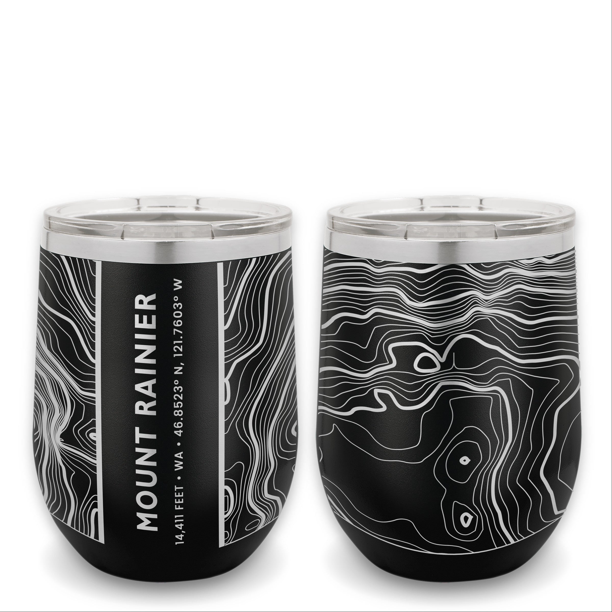 Two black 12 oz wine tumblers showcasing the back and front of a topographic map design of the Mount Rainier summit.