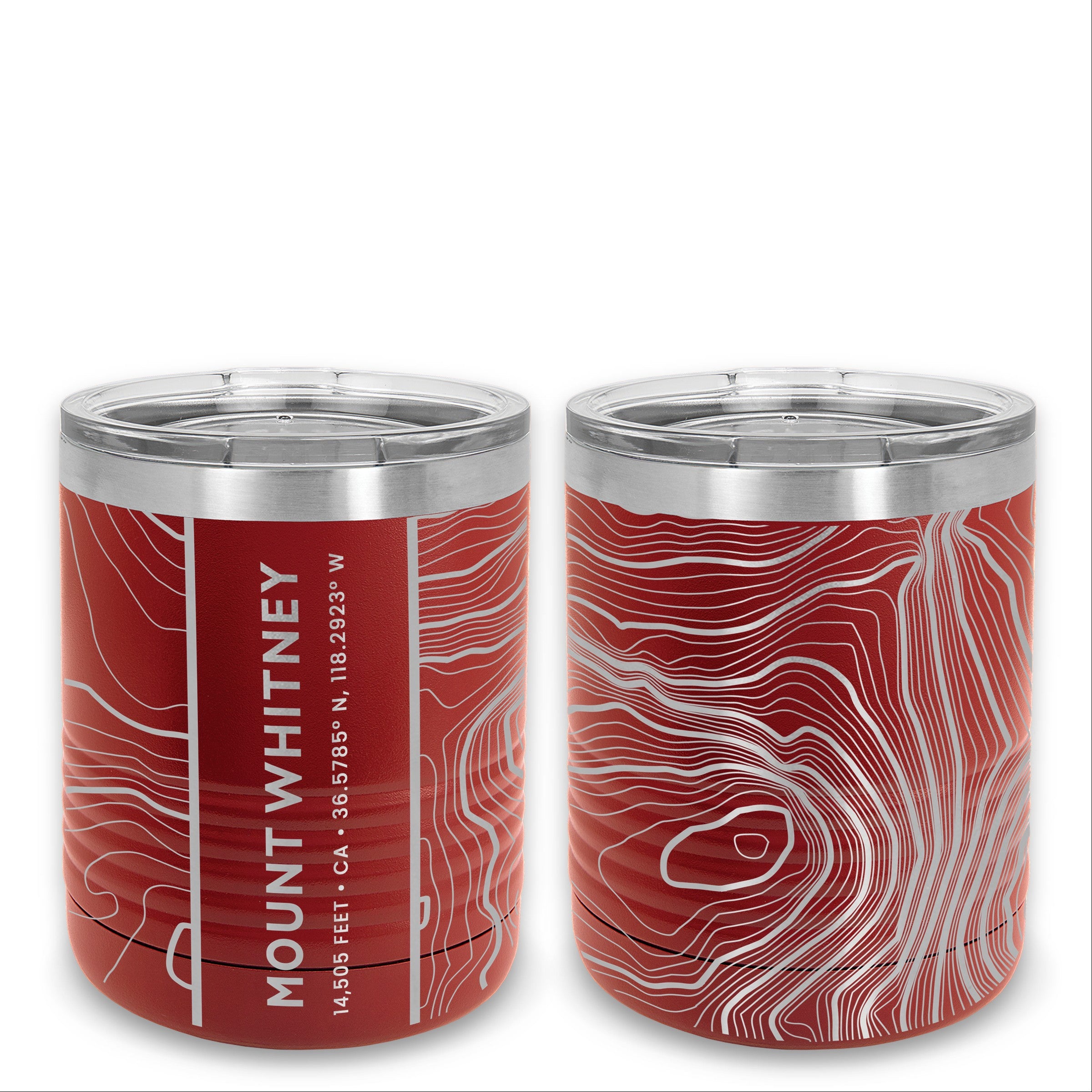 Two red 10 oz tumblers showcasing the back and front of a topographic map design of the Mount Whitney summit.