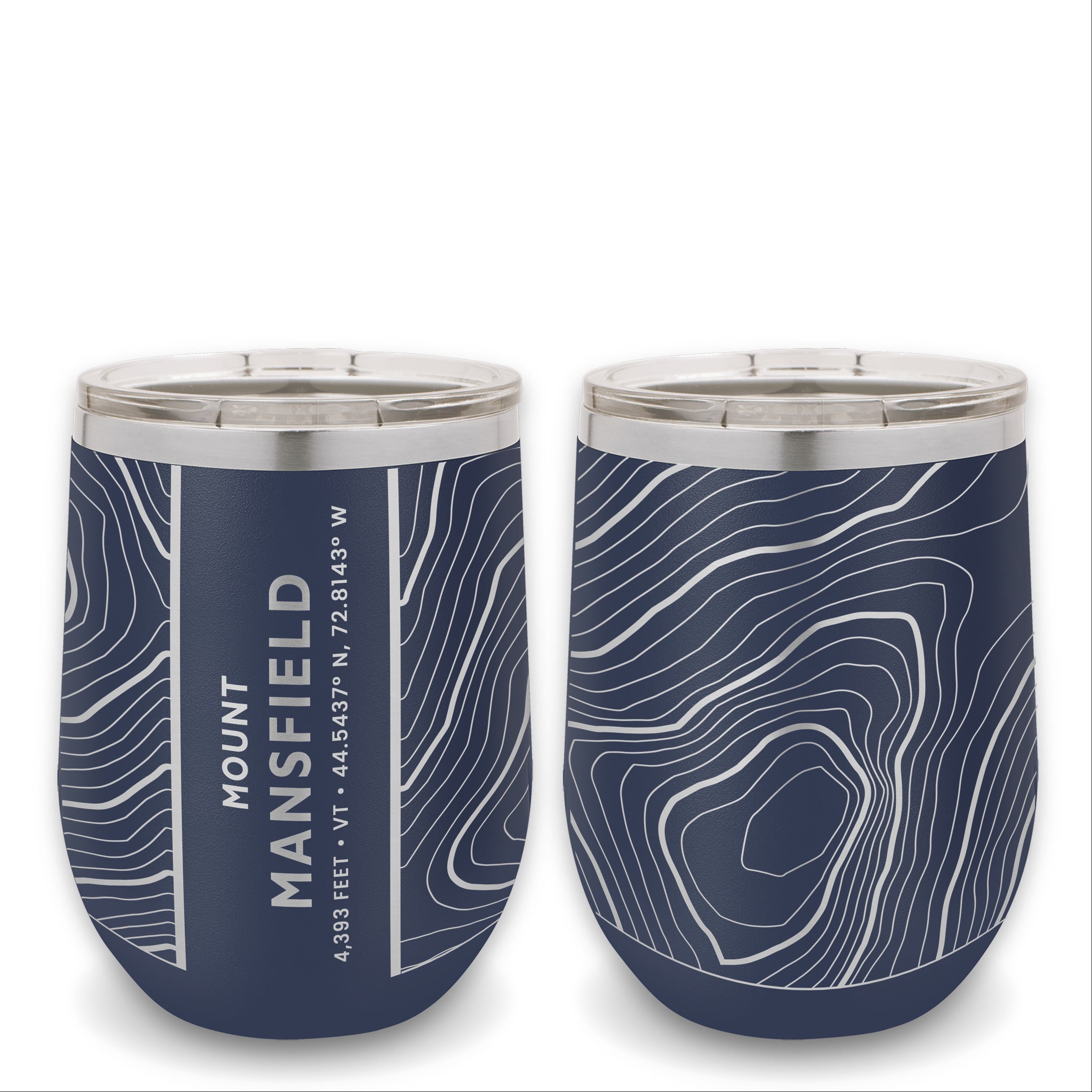 Two navy 12 oz wine tumblers showcasing the back and front of a topographic map design of the Mount Mansfield summit.