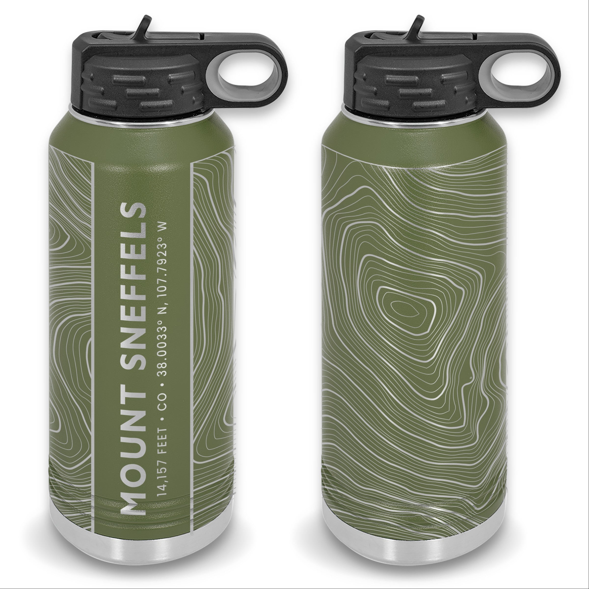 Two olive 32oz water bottles showcasing the back and front of a topographic map design of the Mount Sneffels summit.