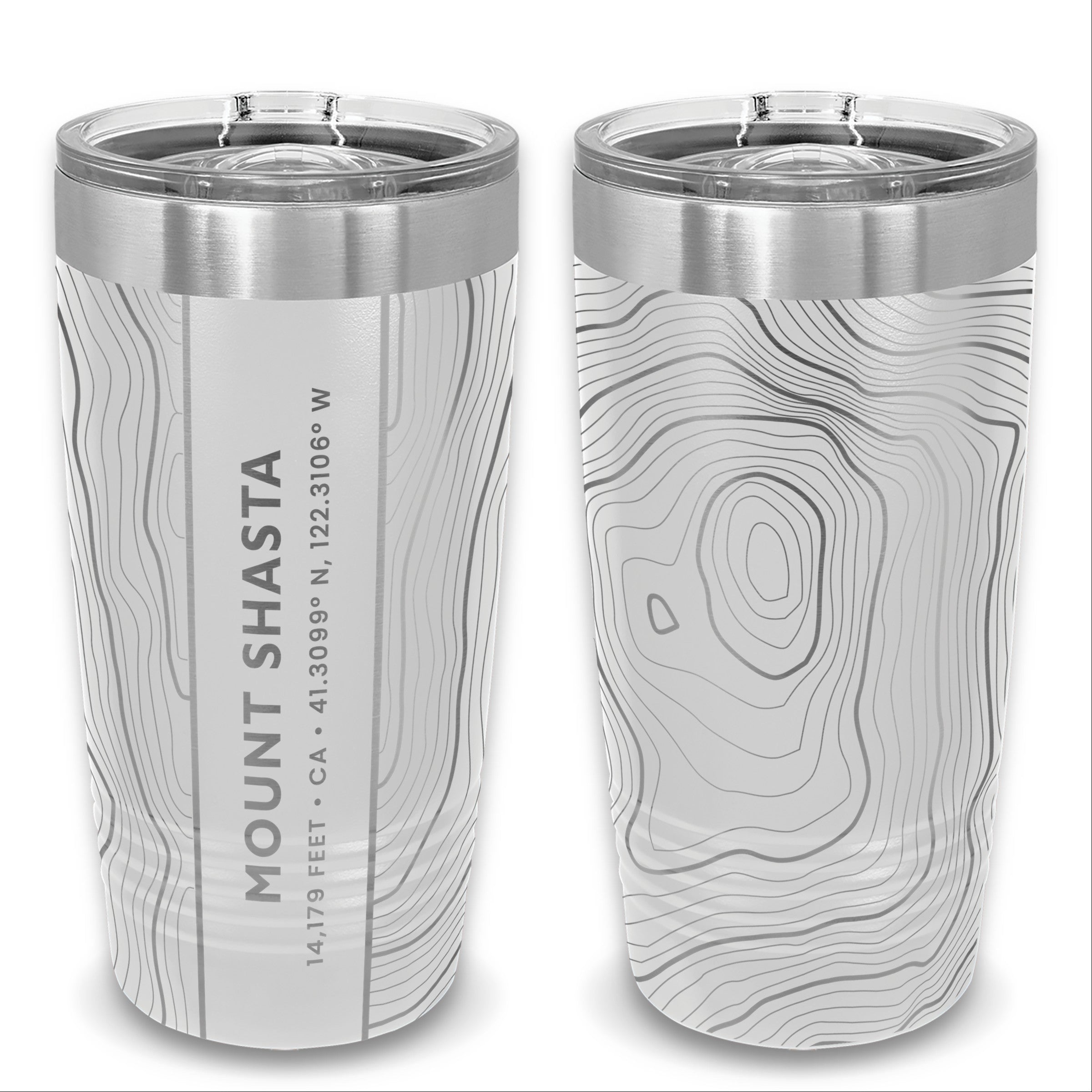 Two white 20 oz tumblers showcasing the back and front of a topographic map design of the Mount Shasta summit.