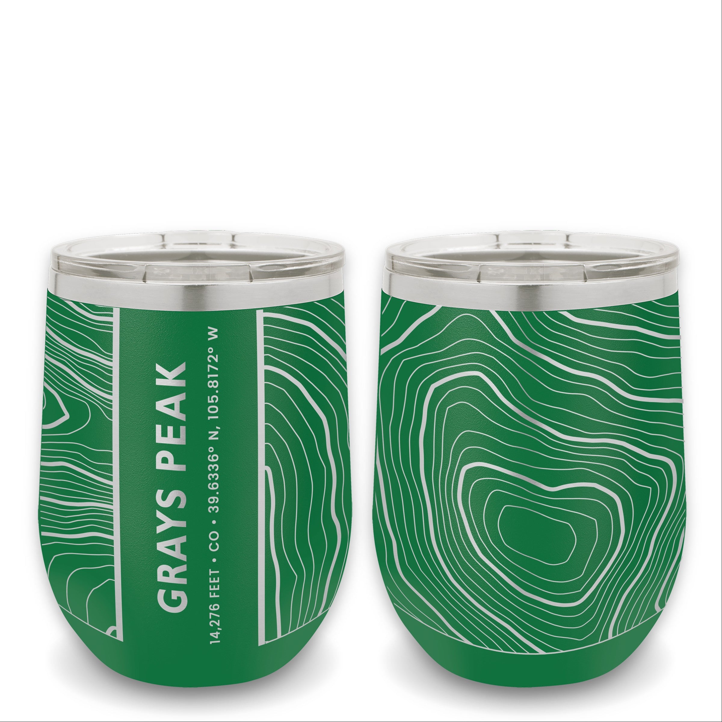 Two green 12 oz wine tumblers showcasing the back and front of a topographic map design of the Grays Peak summit.