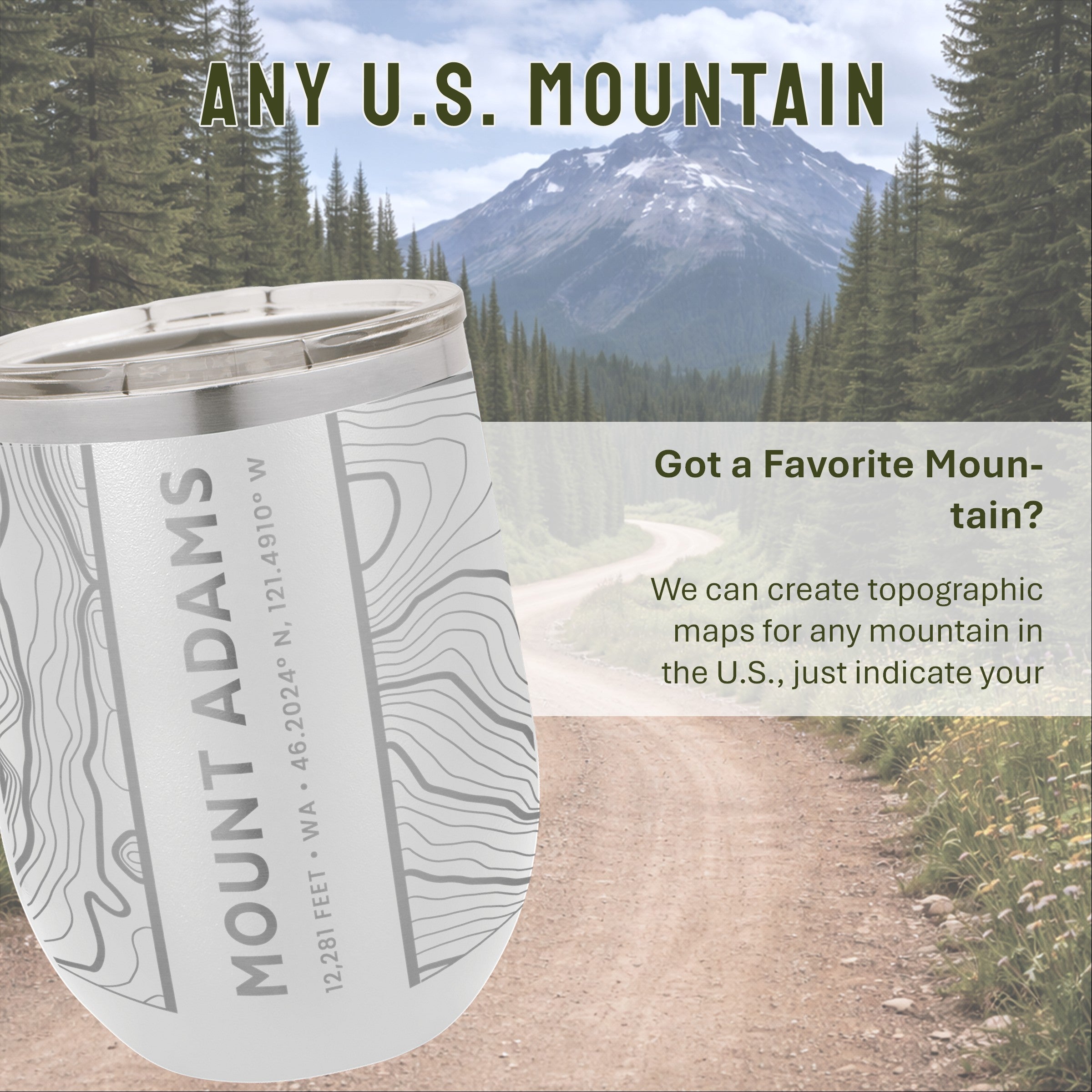 Mountain Topographic Map - 12oz Stemless Wine Tumbler - Any U.S. Mountain