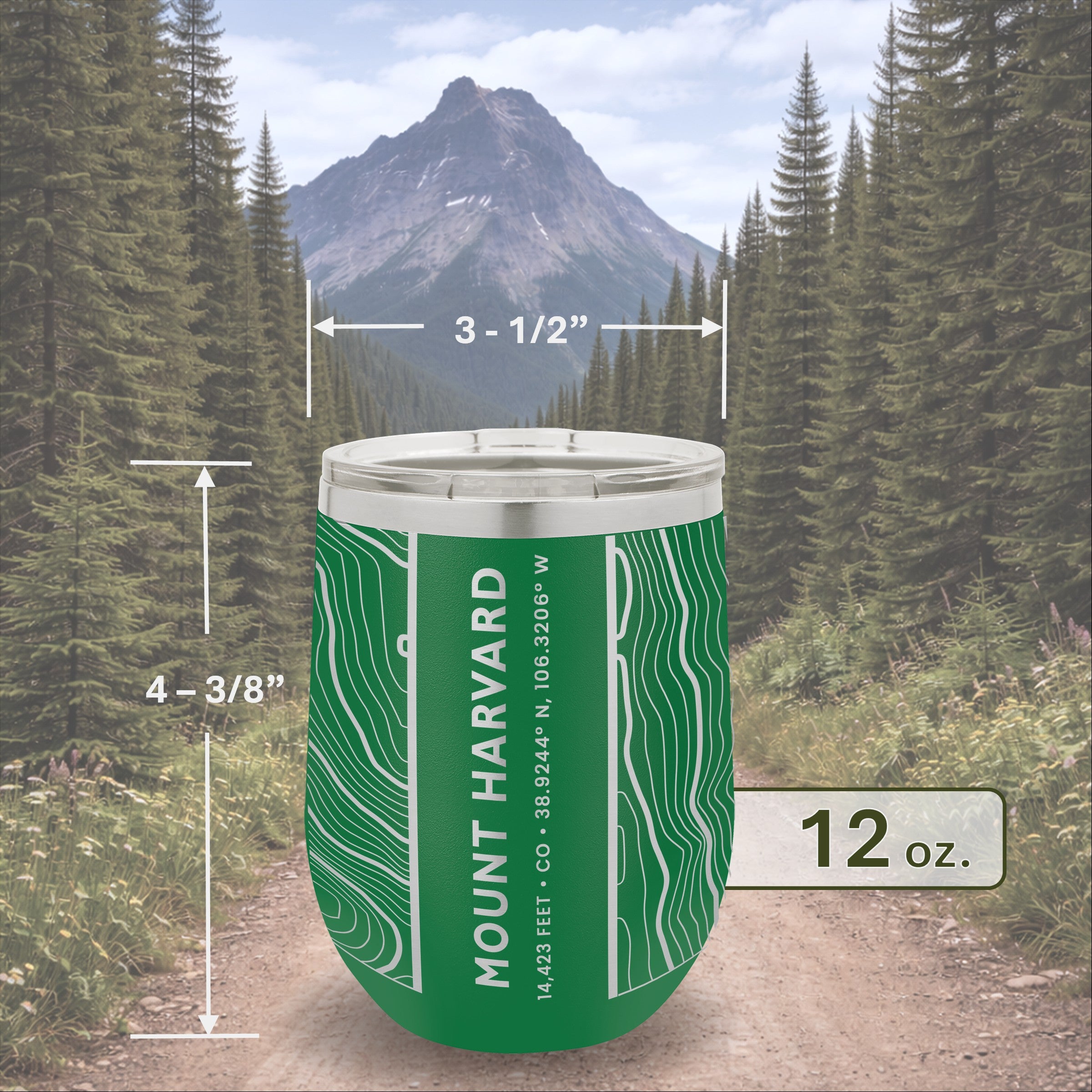 Size chart for 12 oz wine tumbler: 4-3/8 inch tall by 3-1/82 inch diameter