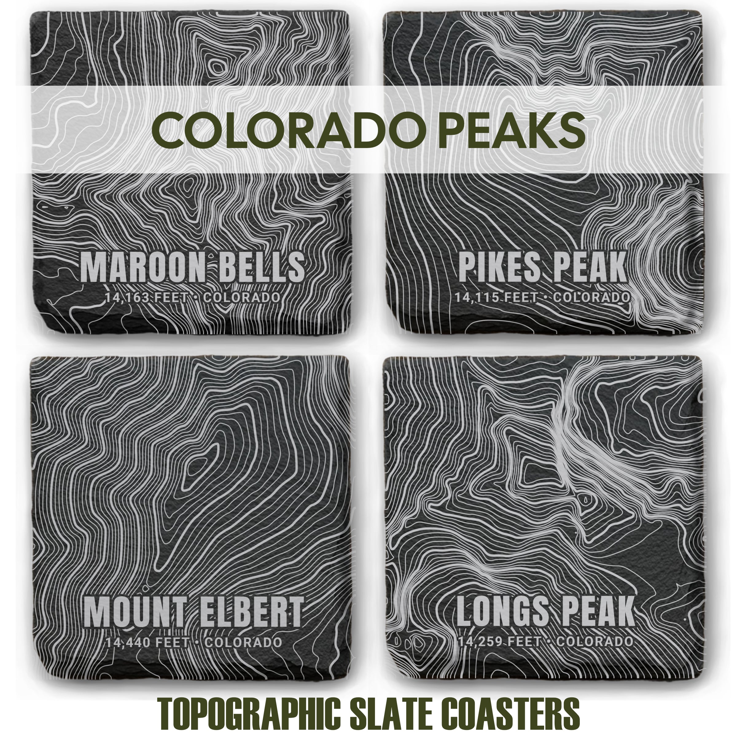 Colorado Peaks Topographic Slate Coaster Set