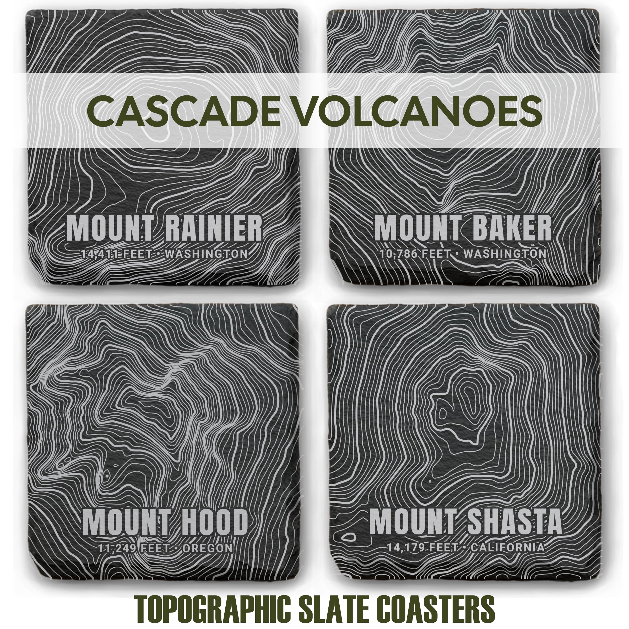 Cascade Volcanoes Topographic Slate Coaster Set