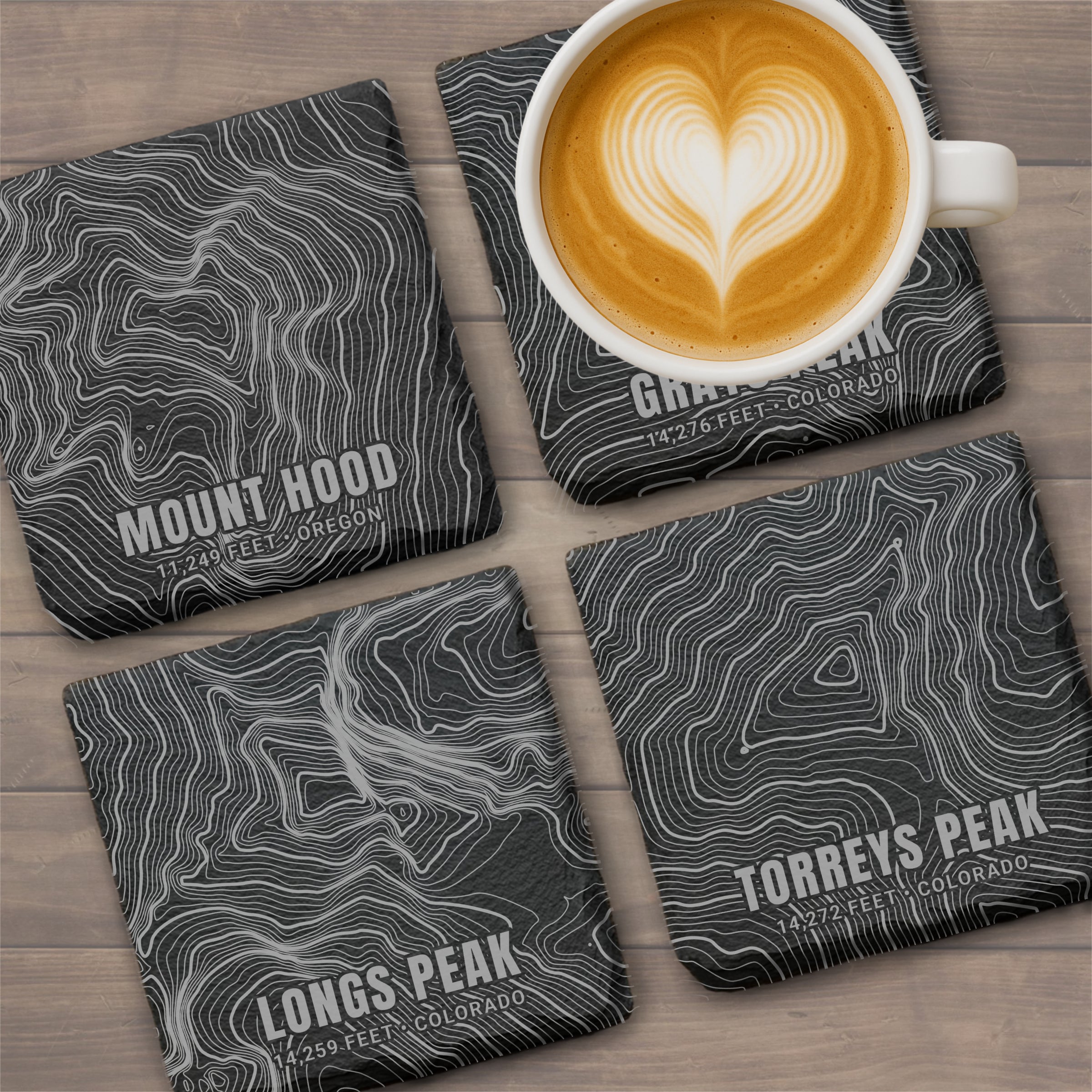 Custom Topographic Slate Coaster Set - Any 4 U.S. Mountains