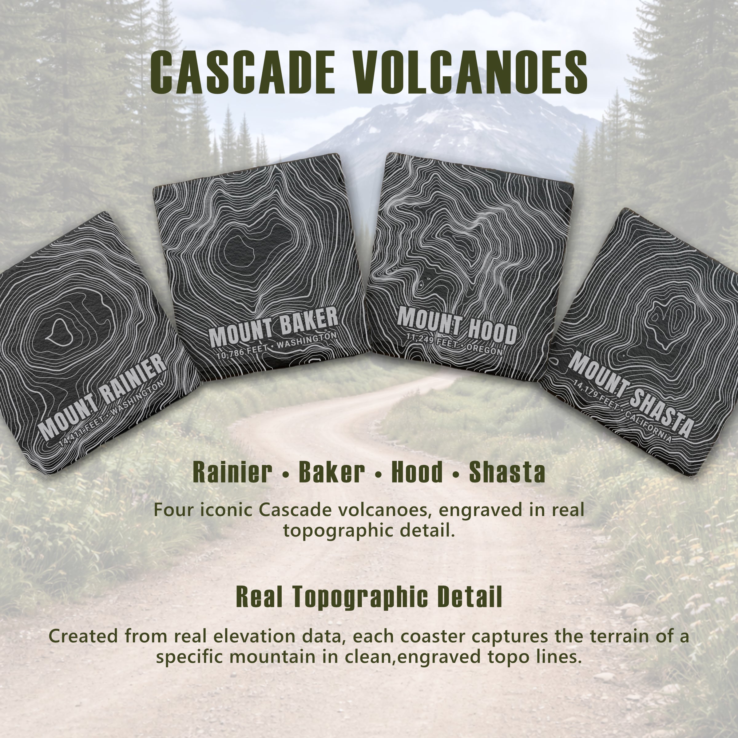 Cascade Volcanoes Topographic Slate Coaster Set