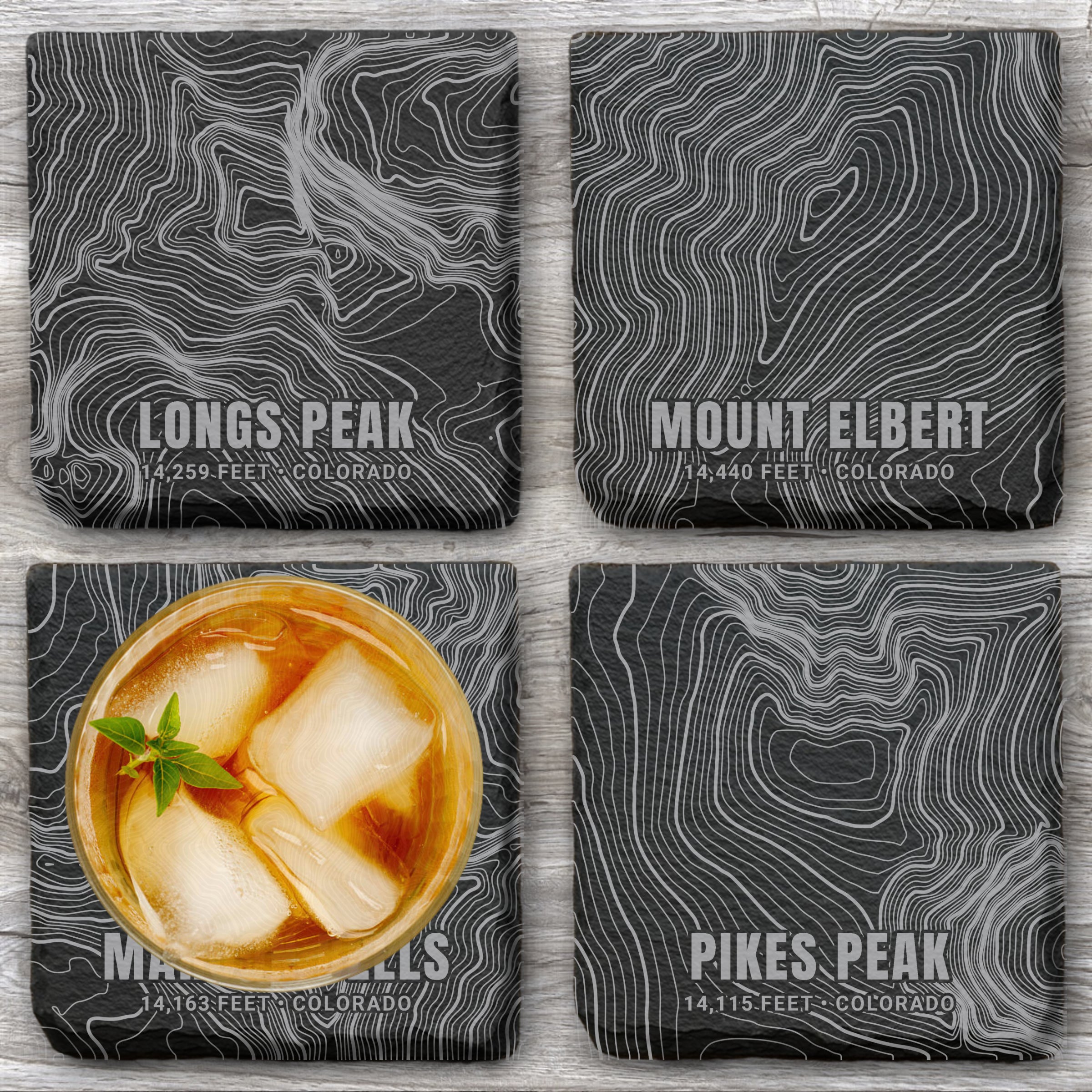Colorado Peaks Topographic Slate Coaster Set
