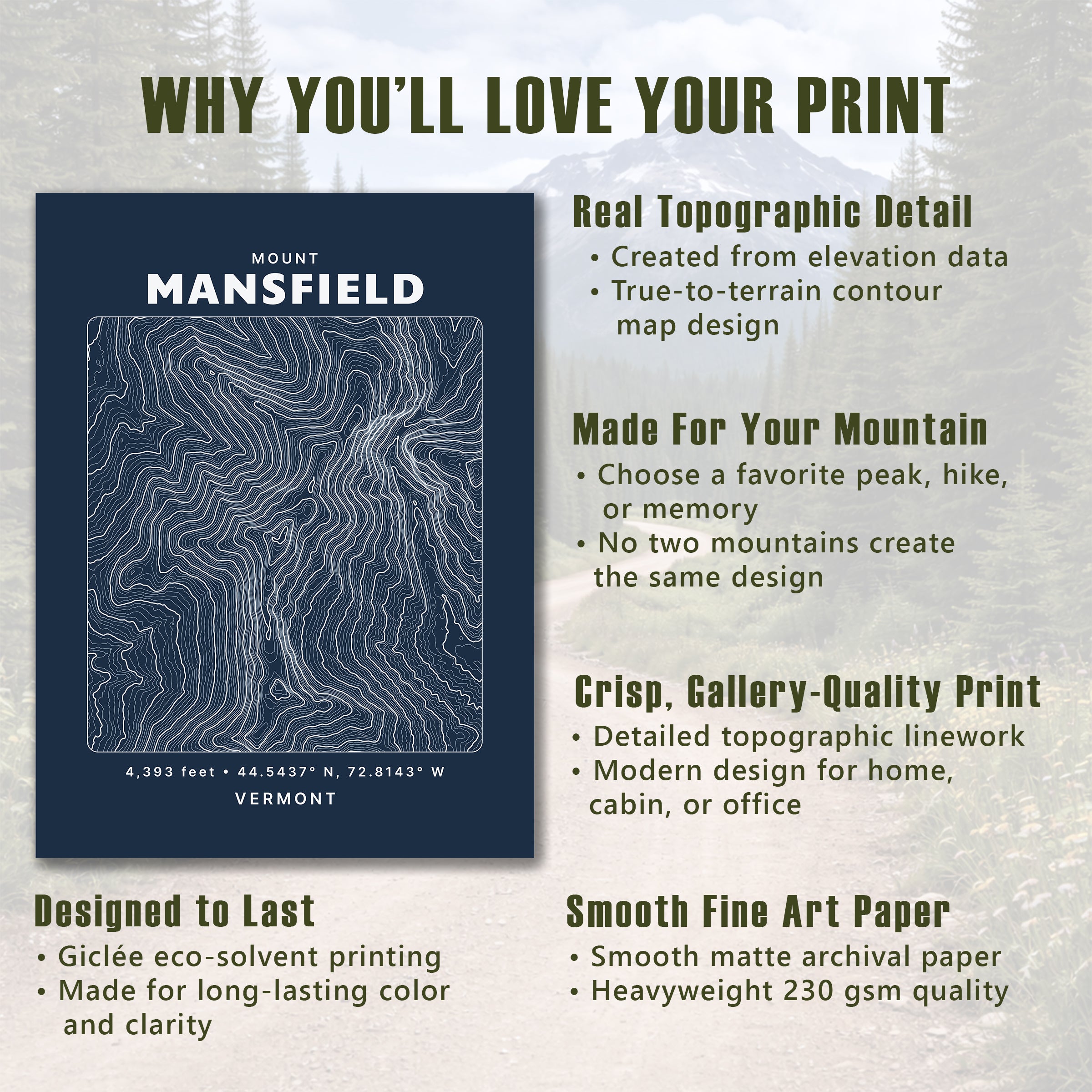 Custom Mountain Topographic Print - Classic Map Style - Any U.S. Mountain