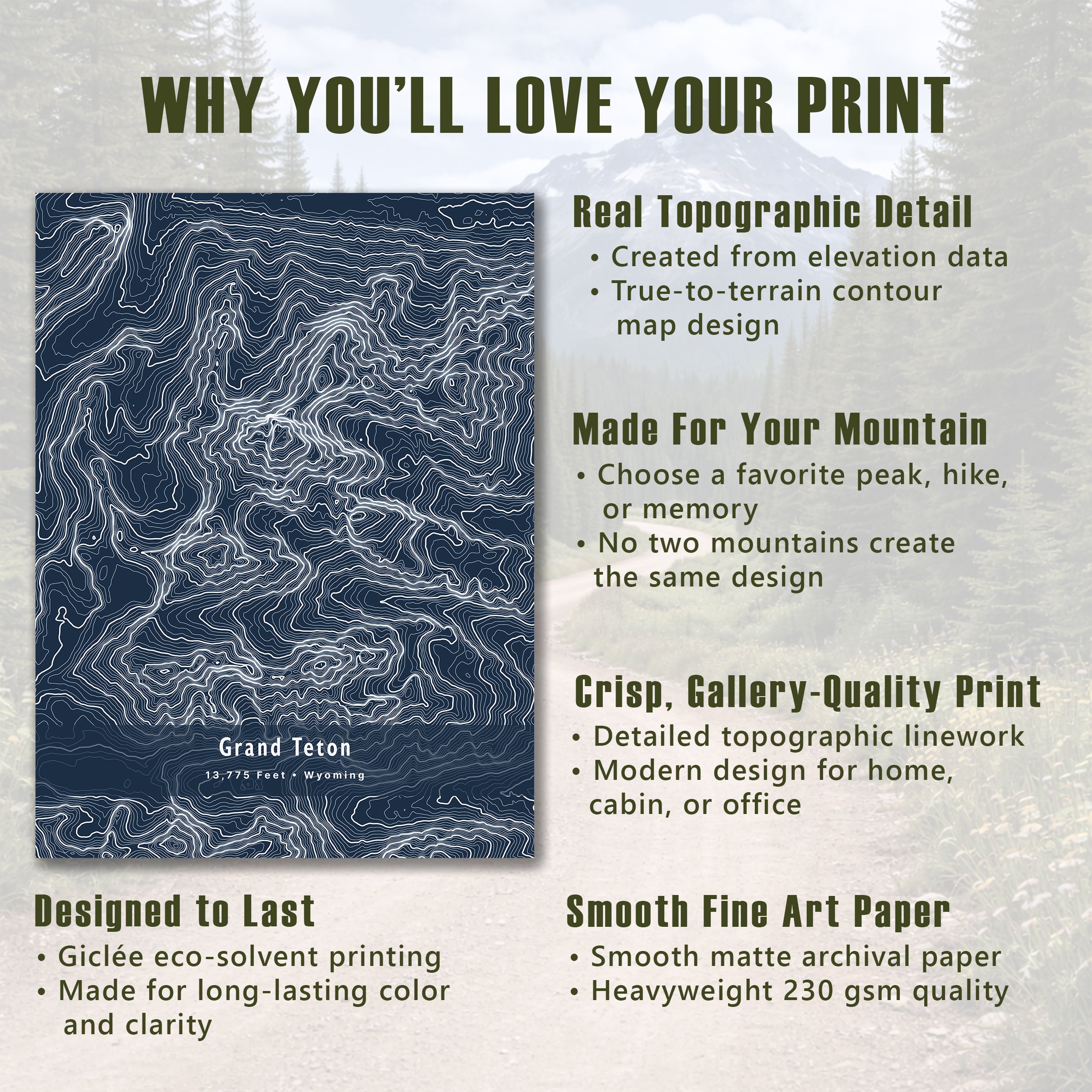 Custom Mountain Contour Map Print - Any U.S. Mountain