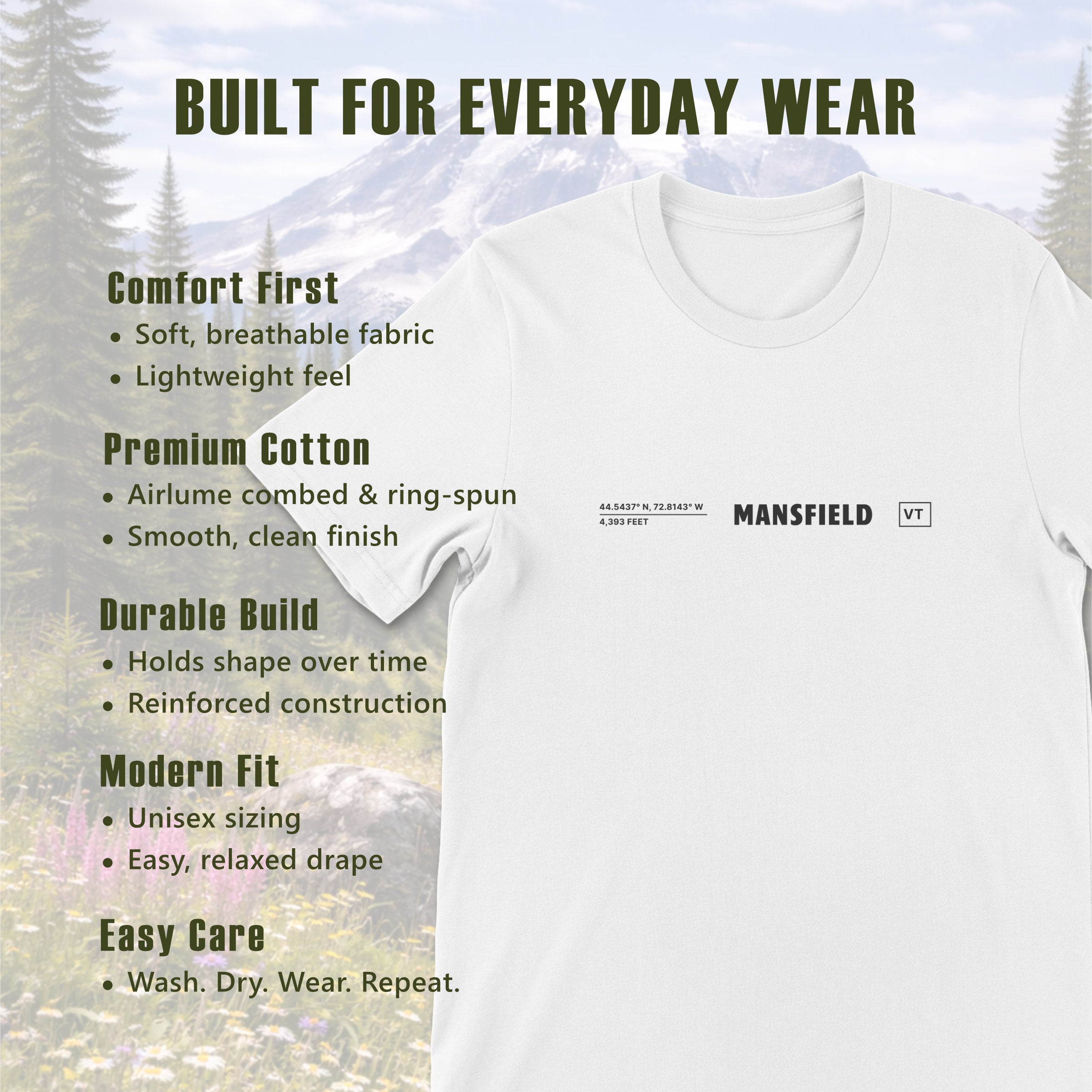 White t-shirt beside a product details panel listing fabric, fit, and care