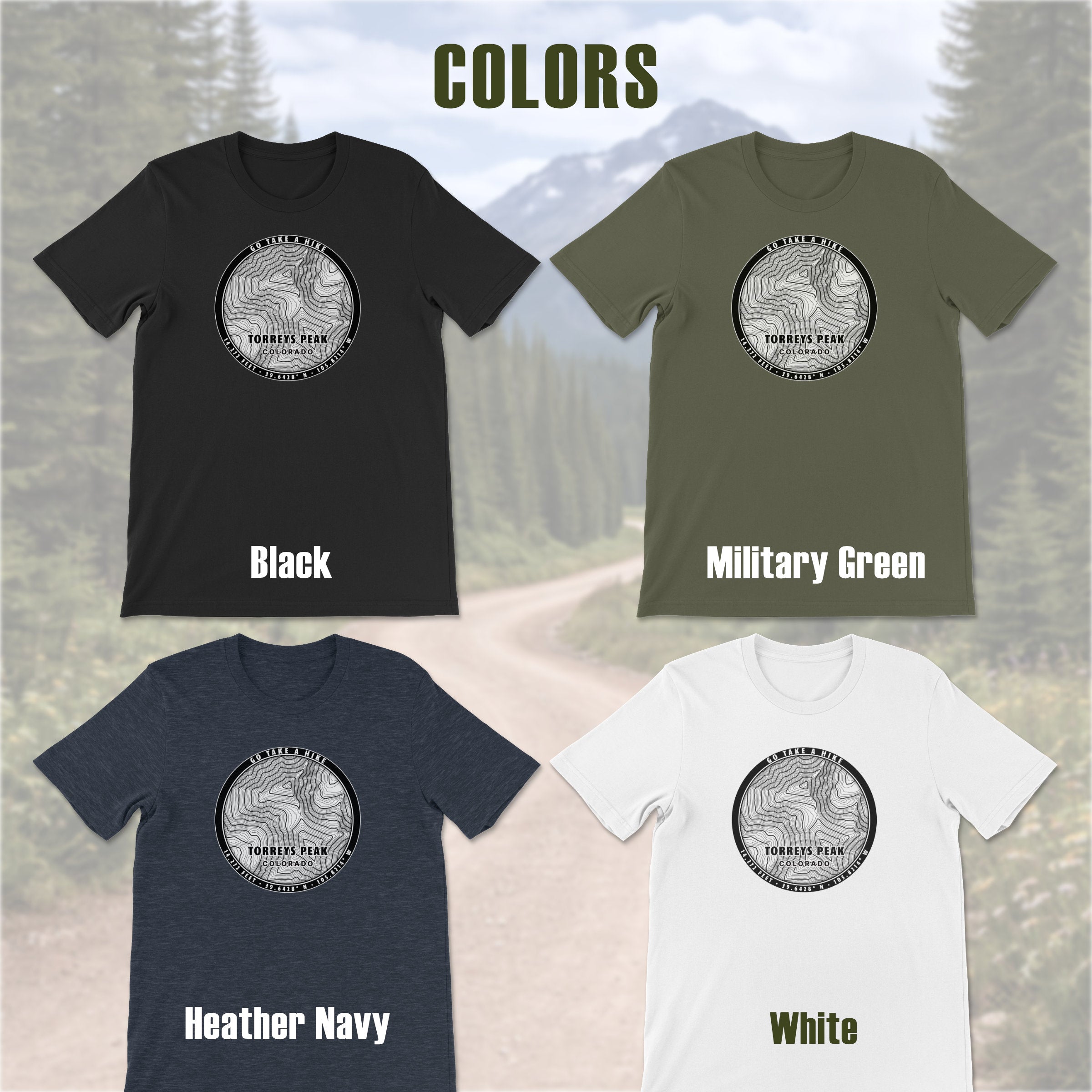 Four t-shirts in different colors each with circular line graphic
