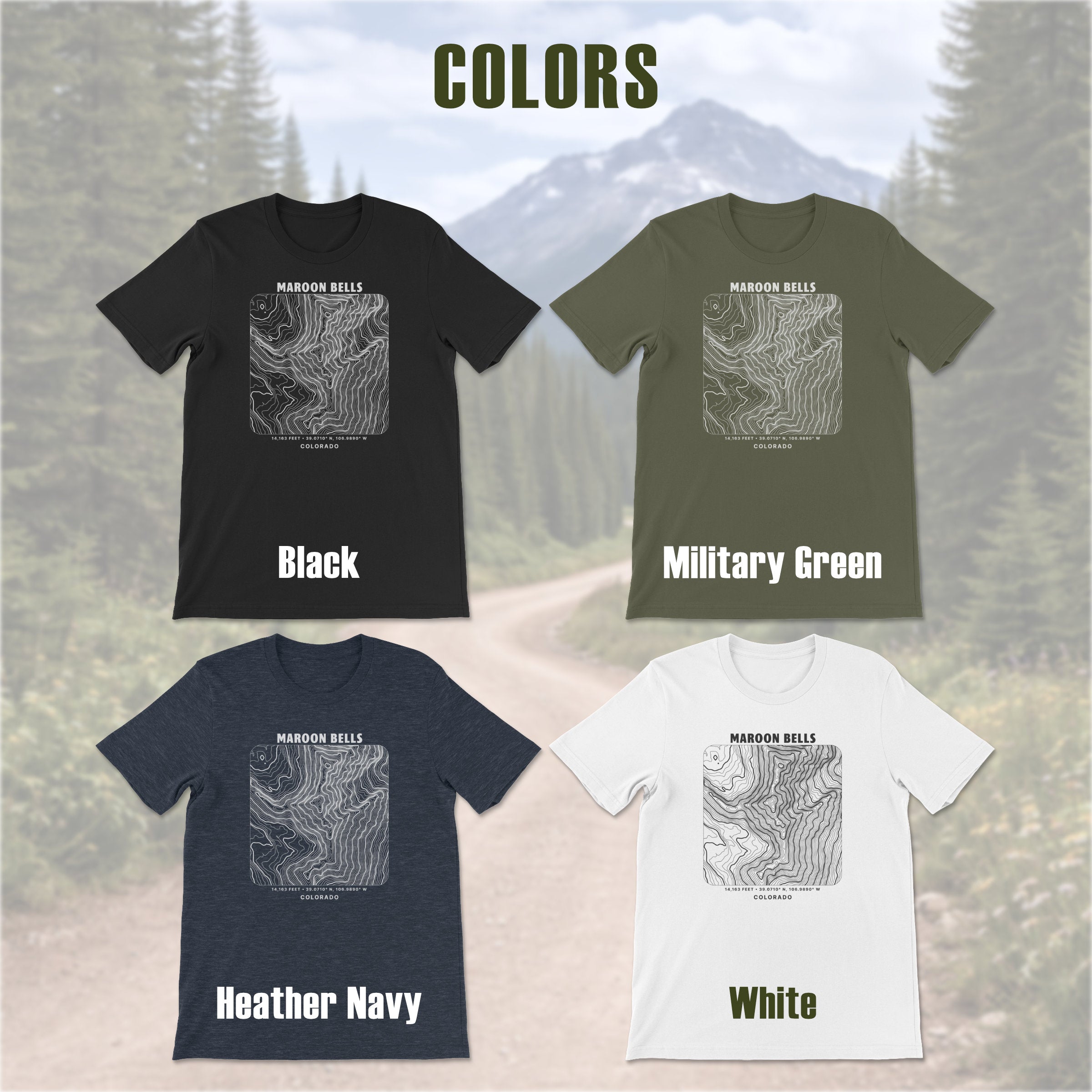 Four t-shirts in black, green, navy, and white with identical square designs