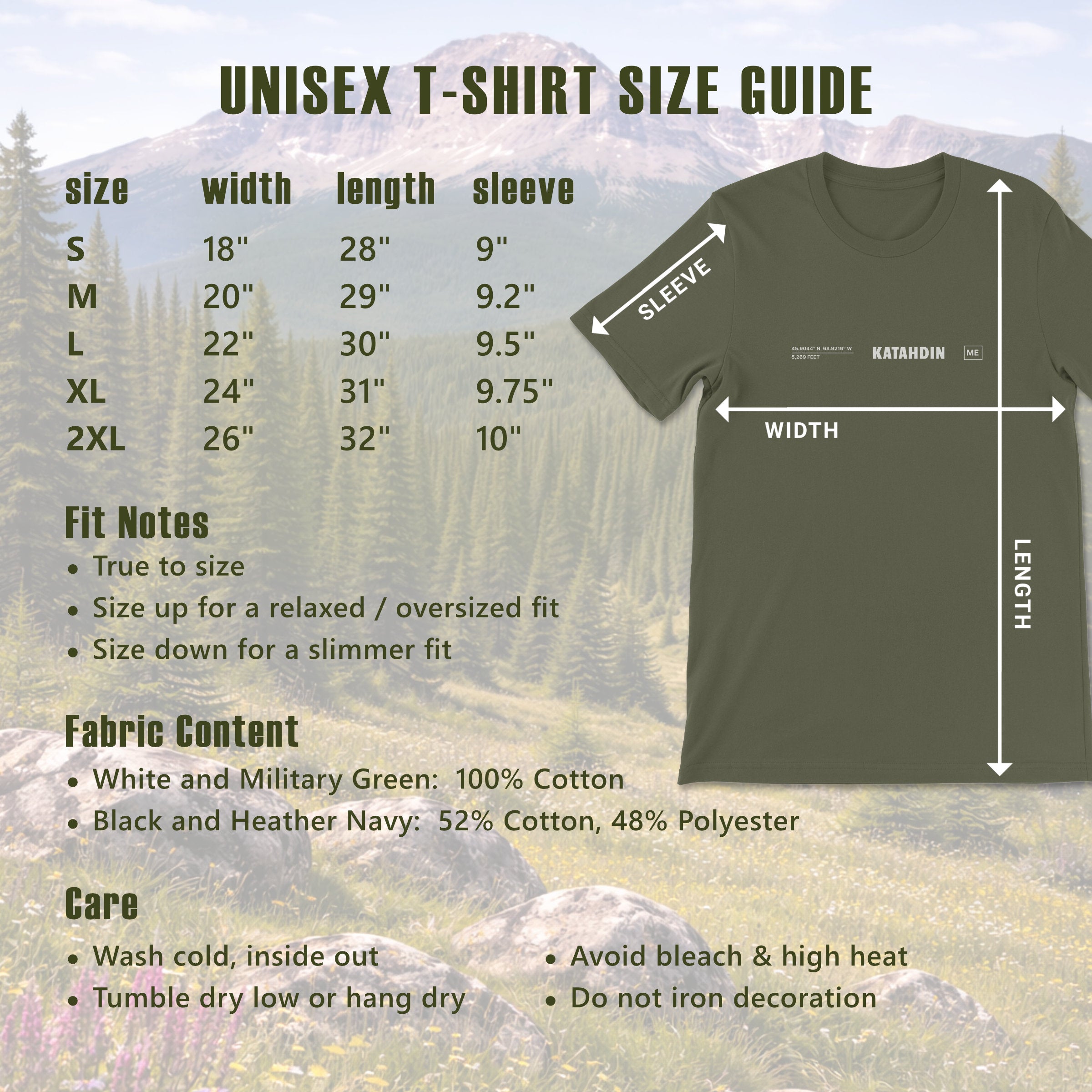 Unisex t-shirt size guide with measurements and care details