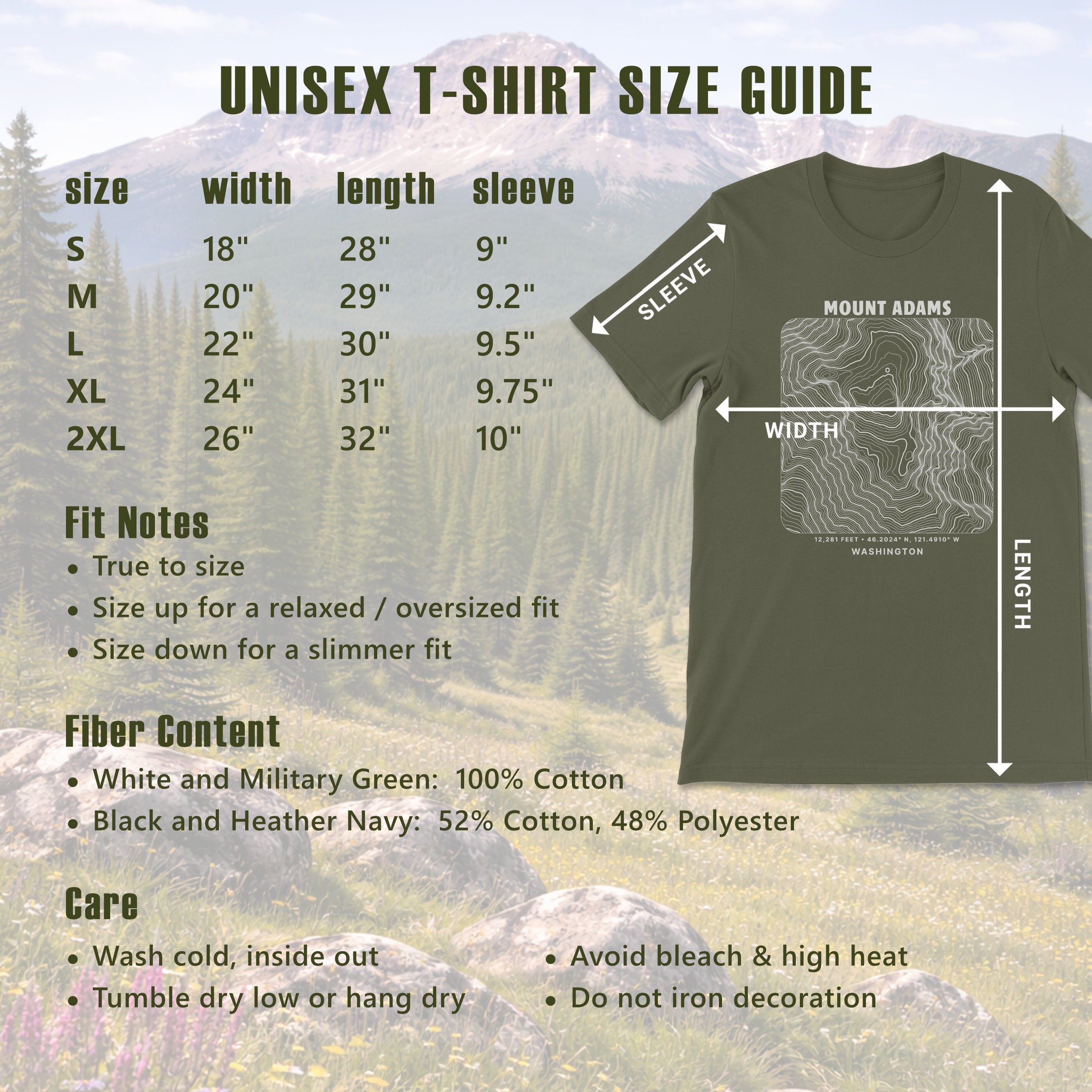 Unisex t-shirt size guide with measurements and diagram illustration