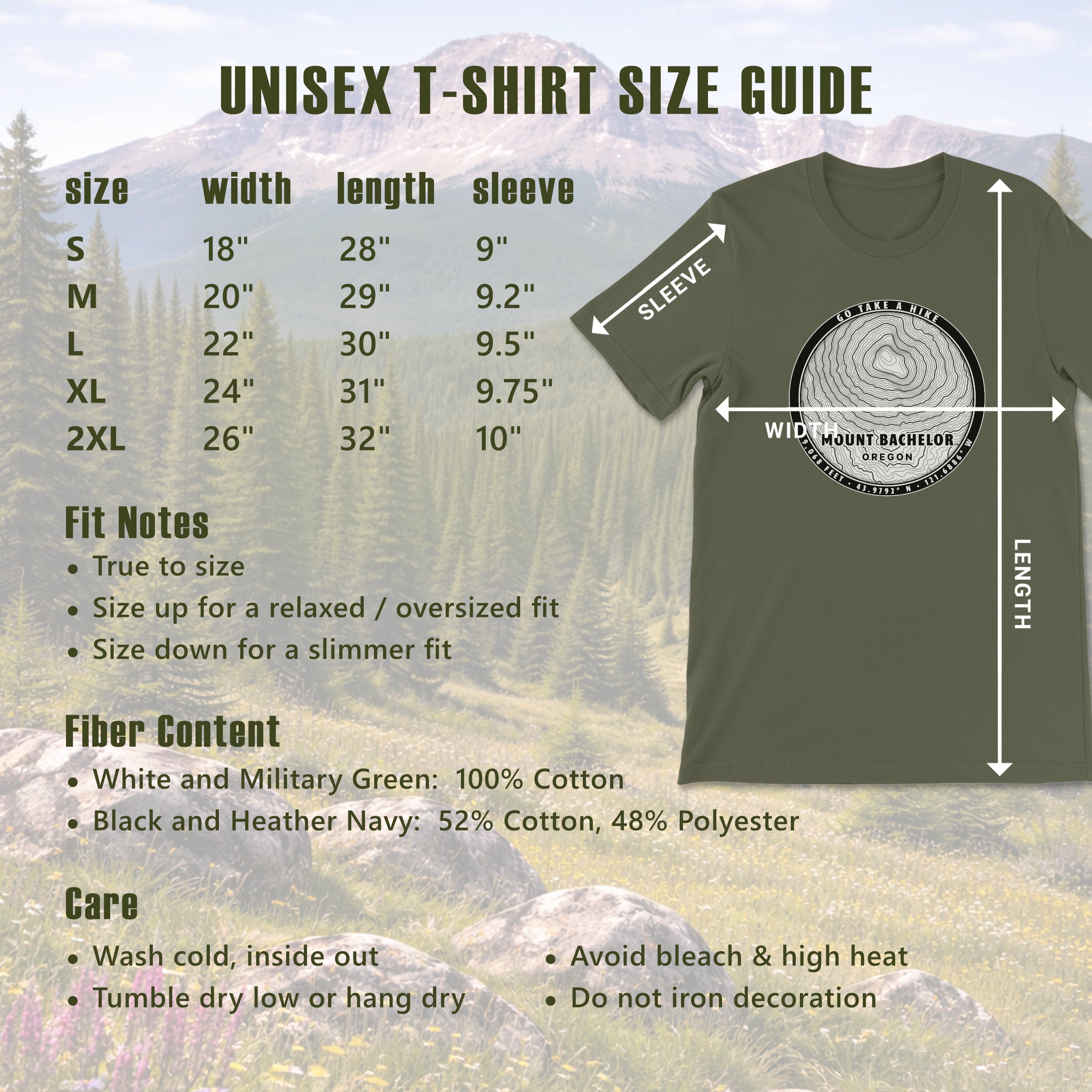 Unisex t-shirt size guide with measurements and labeled diagram