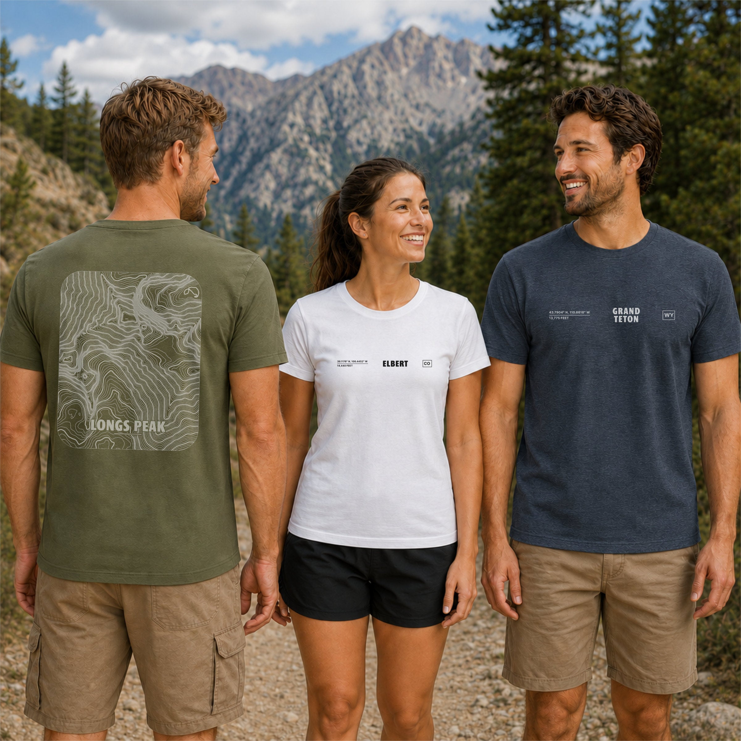 Three people modeling green, white, and navy custom map t-shirts outdoors