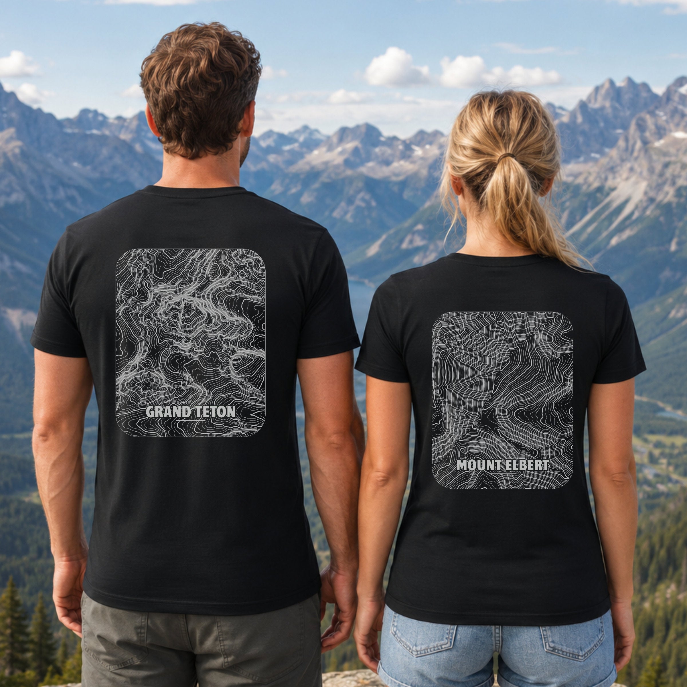 Two people facing away in black t-shirts with square map prints on the back