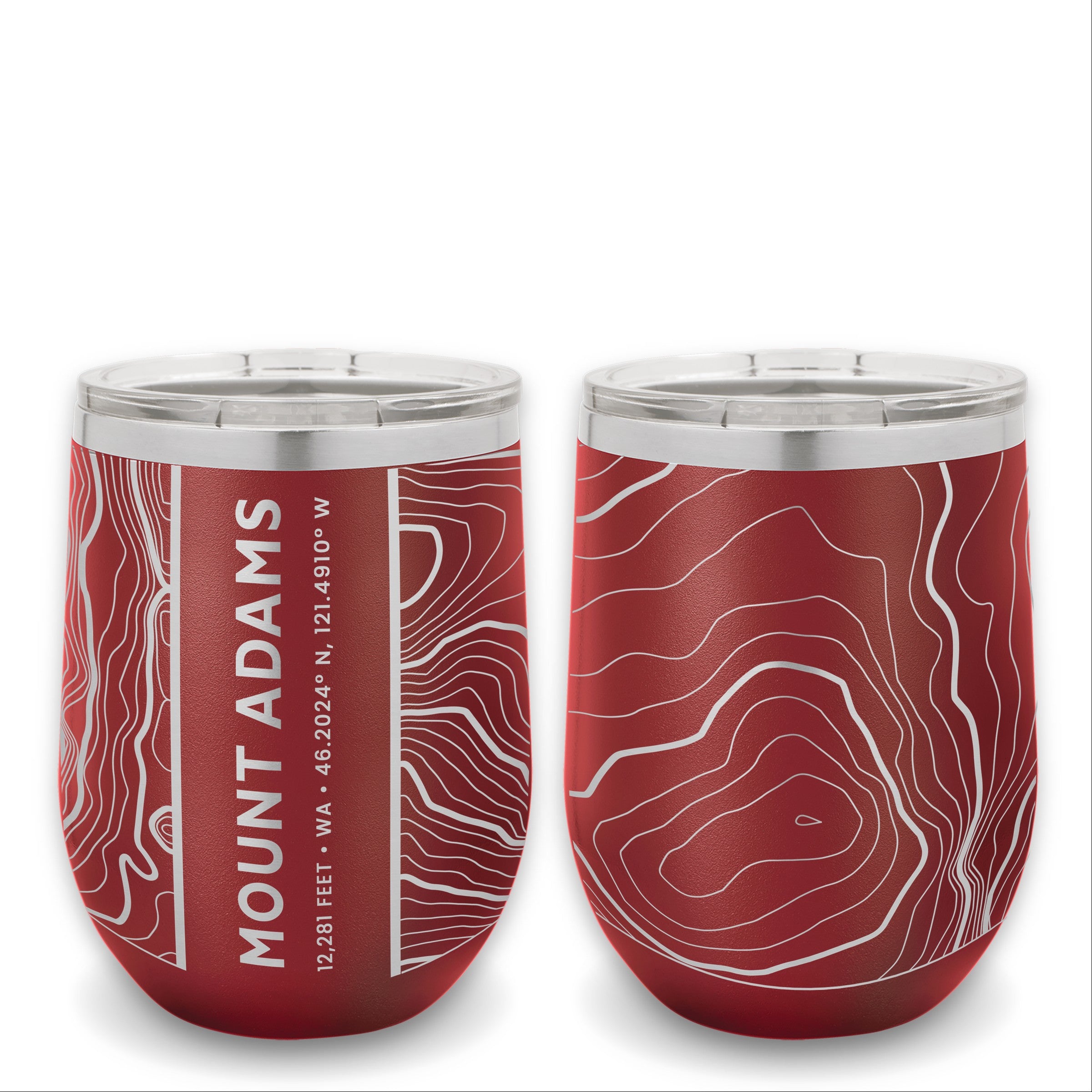 Two red 12 oz wine tumblers showcasing the back and front of a topographic map design of the Mount Adams summit.  