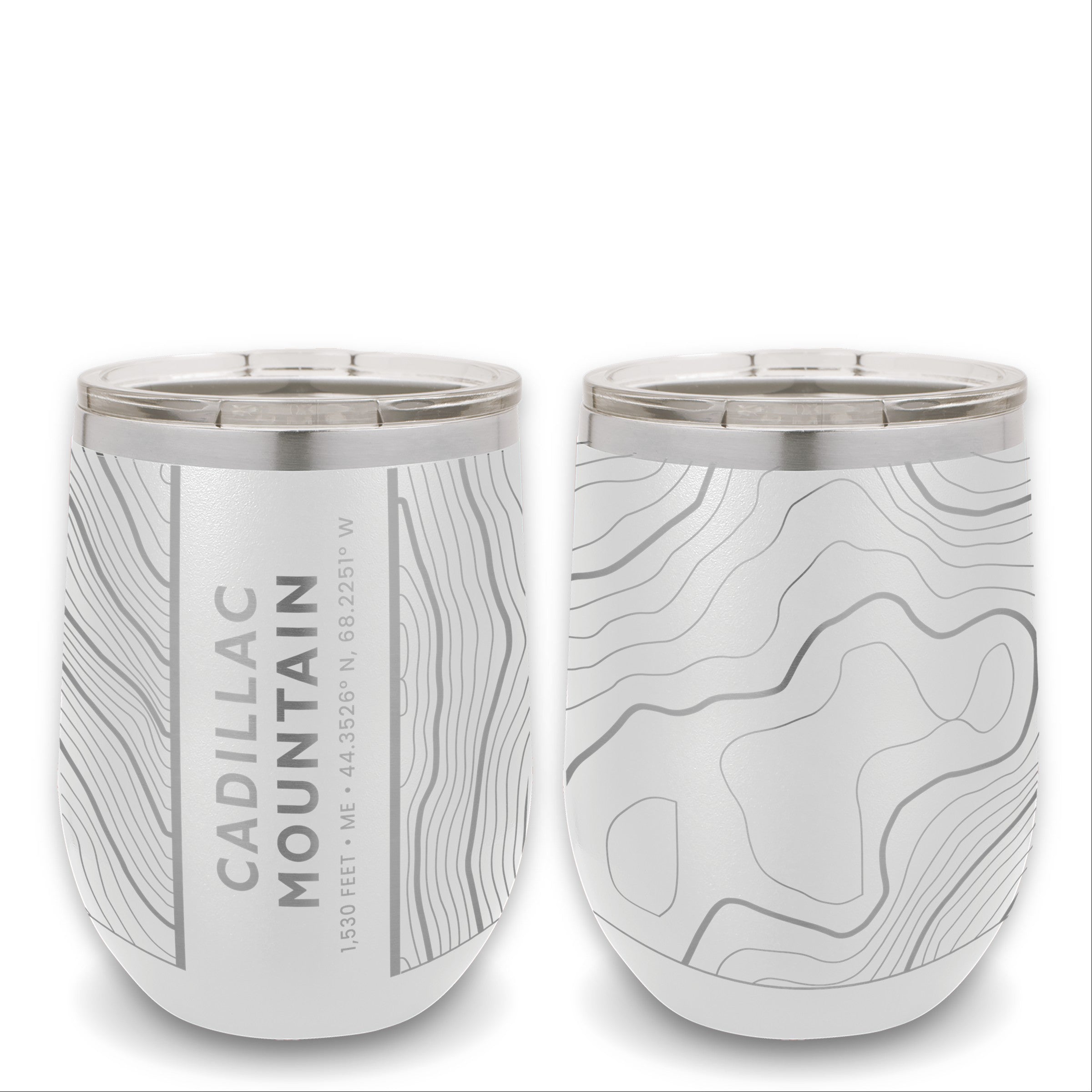 Two white 12 oz wine tumblers showcasing the back and front of a topographic map design of the Cadillac Mountain summit.  