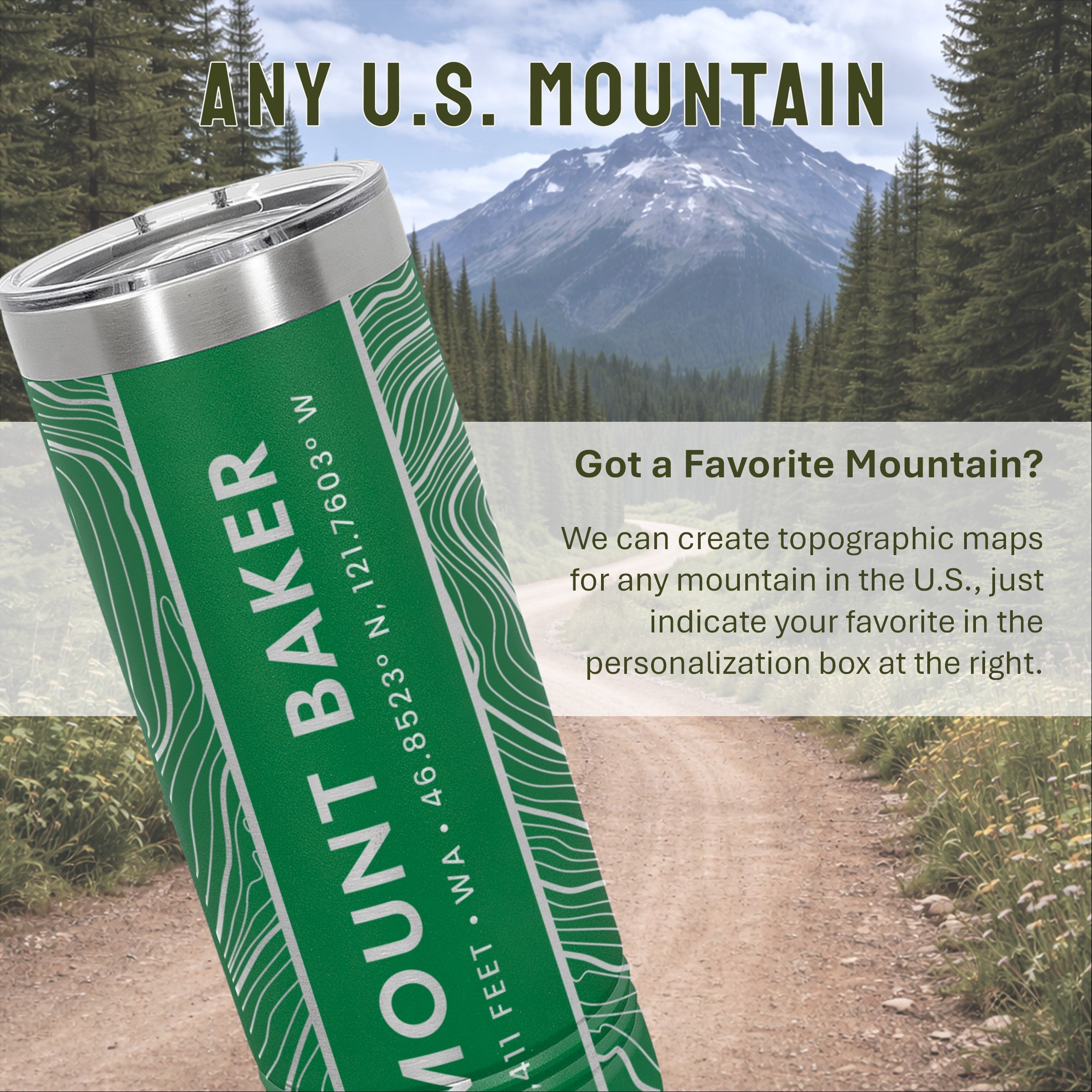 Mountain Topographic Map - 22oz Skinny Tumbler - Any U.S. Mountain