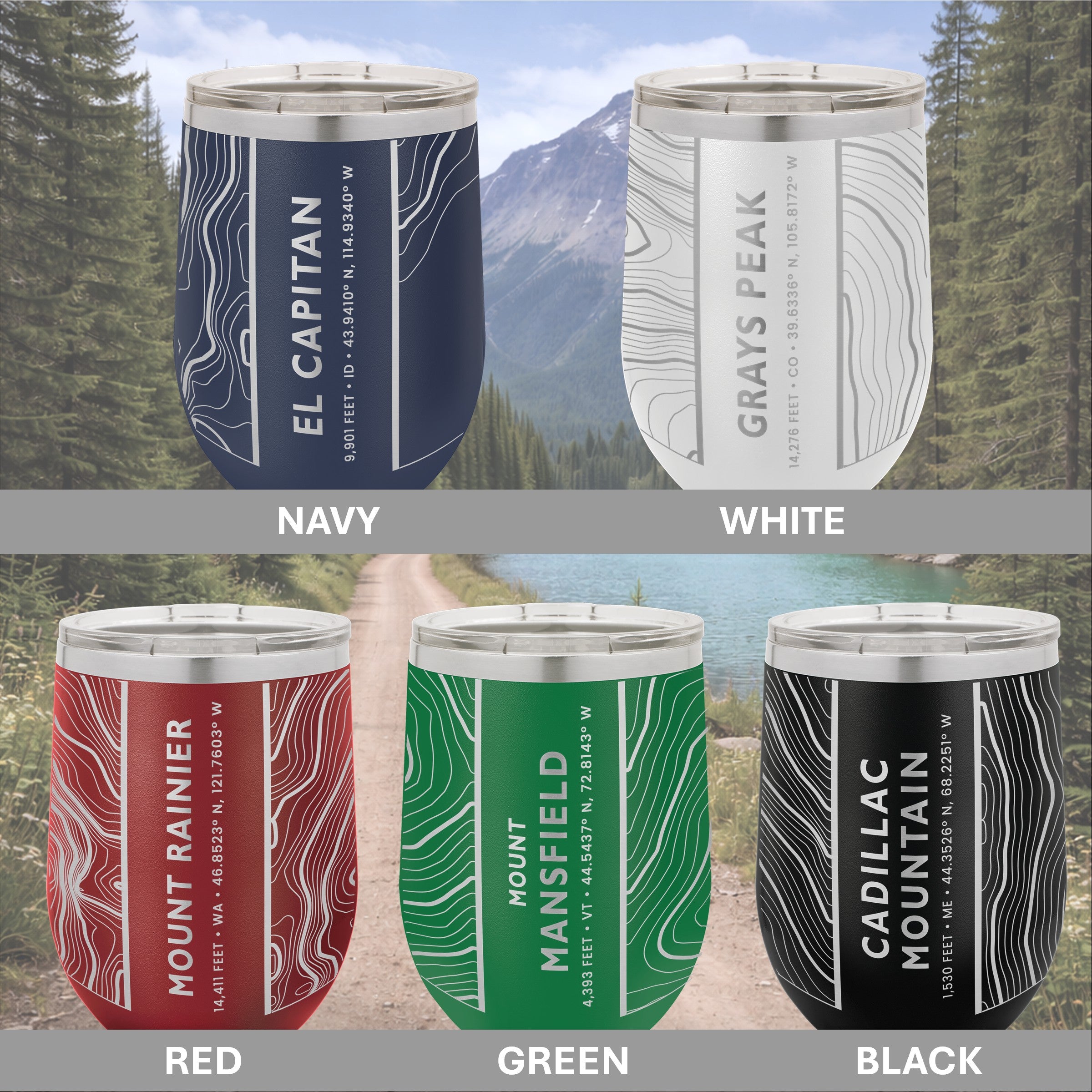 Color chart showing all five 12 oz wine tumblers in each color: Red, White, Navy, Green and Black.
